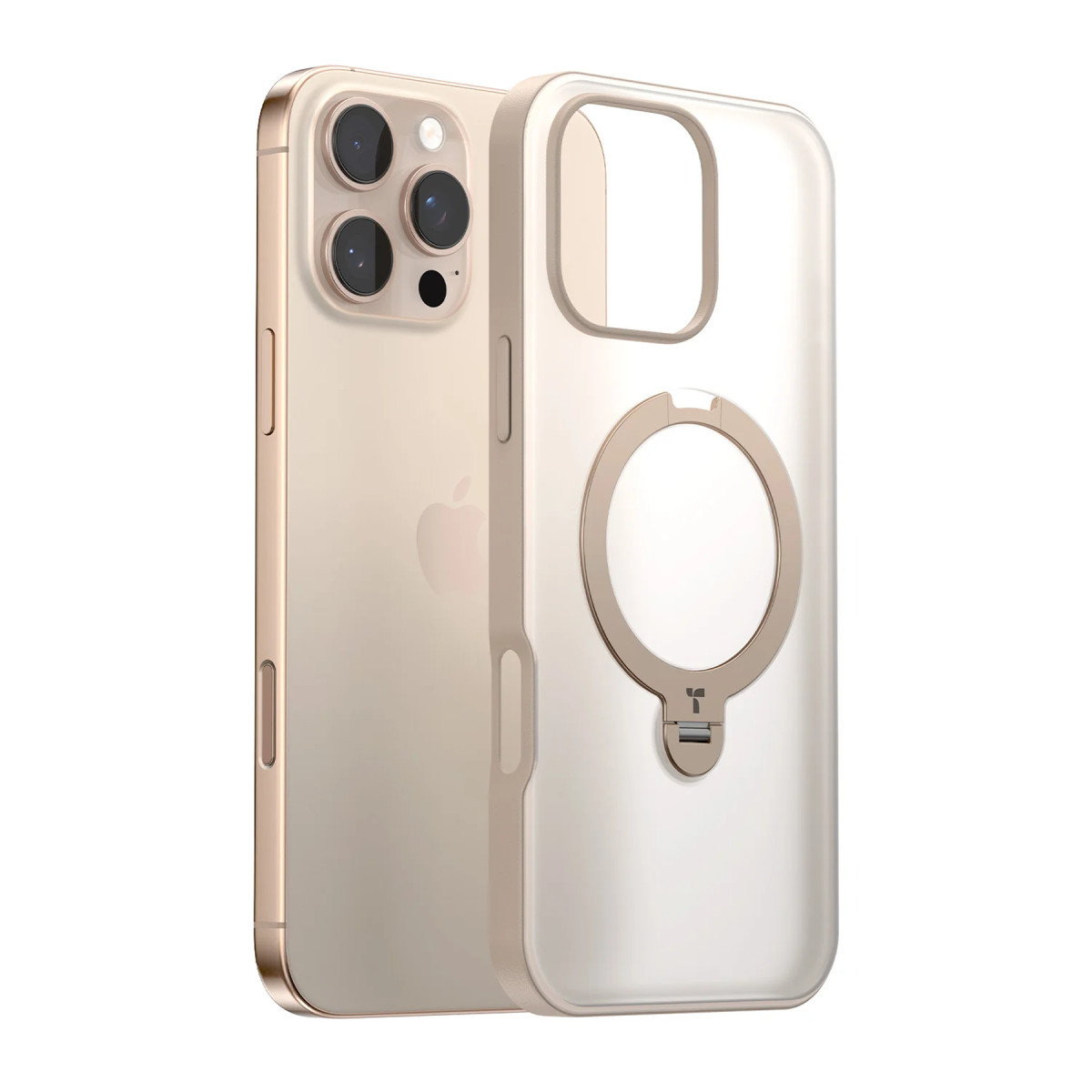 Yerleşik manyetik halka standına sahip şeffaf koruyucu kılıflı altın iPhone.