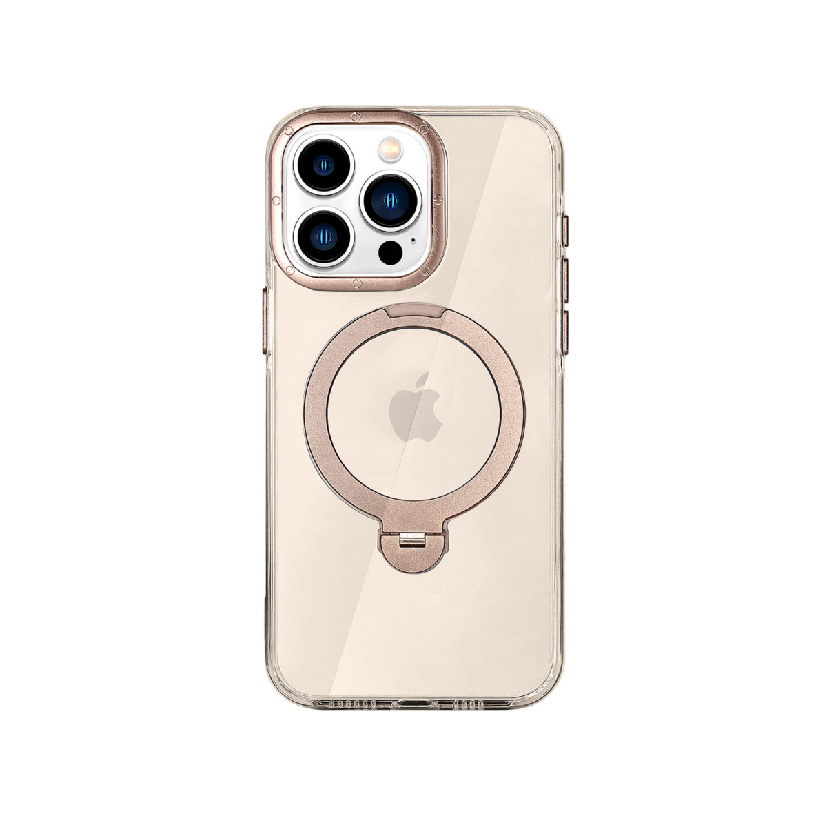 Şeffaf koruyucu kılıflı, pembe altın detaylı, üç kameralı ve entegre MagSafe halkalı bir iPhone'un arkası.