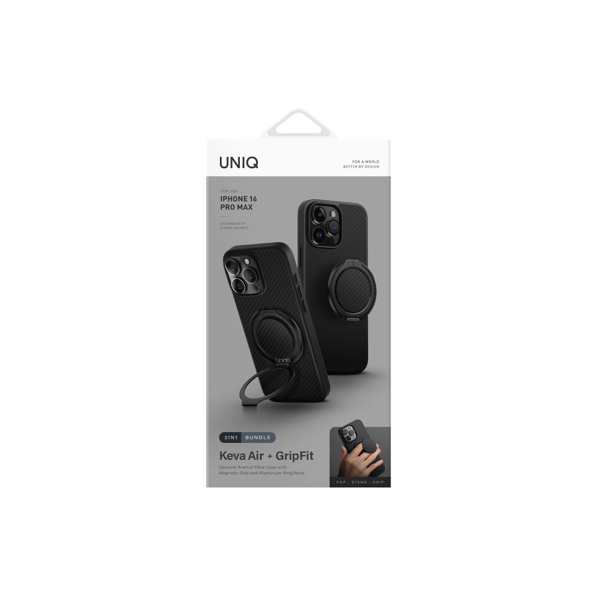 Manyetik tutuculu ve halka standlı Uniq iPhone 16 Pro Max kılıf ambalajı.