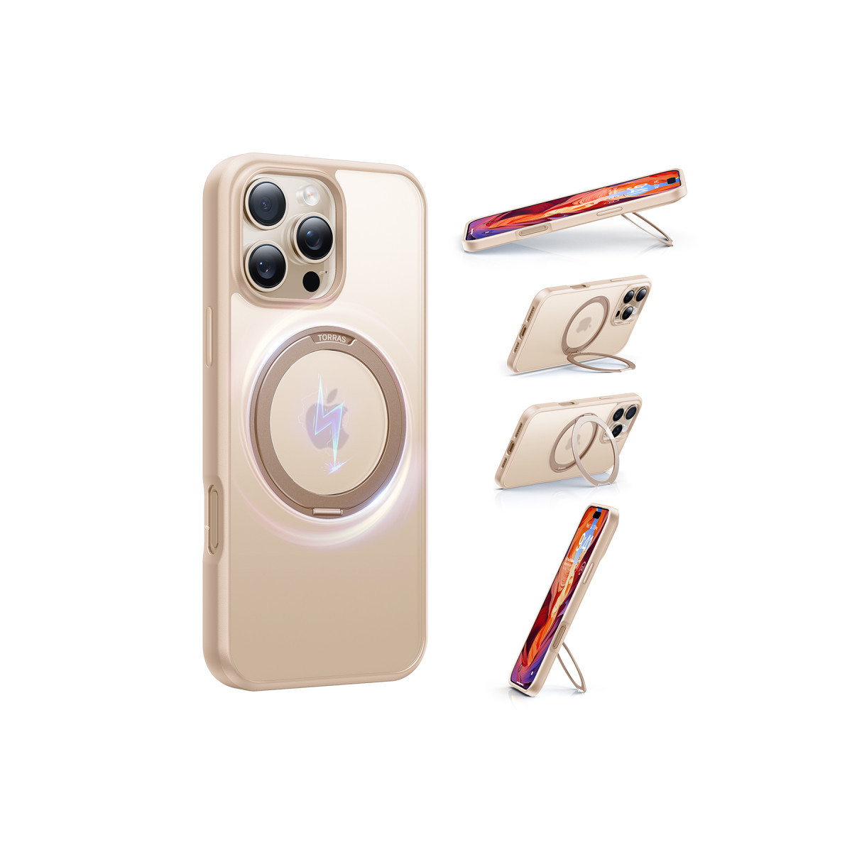 Farklı açılardan koruyucu kılıflı ve dahili halka standlı altın renkli iPhone.