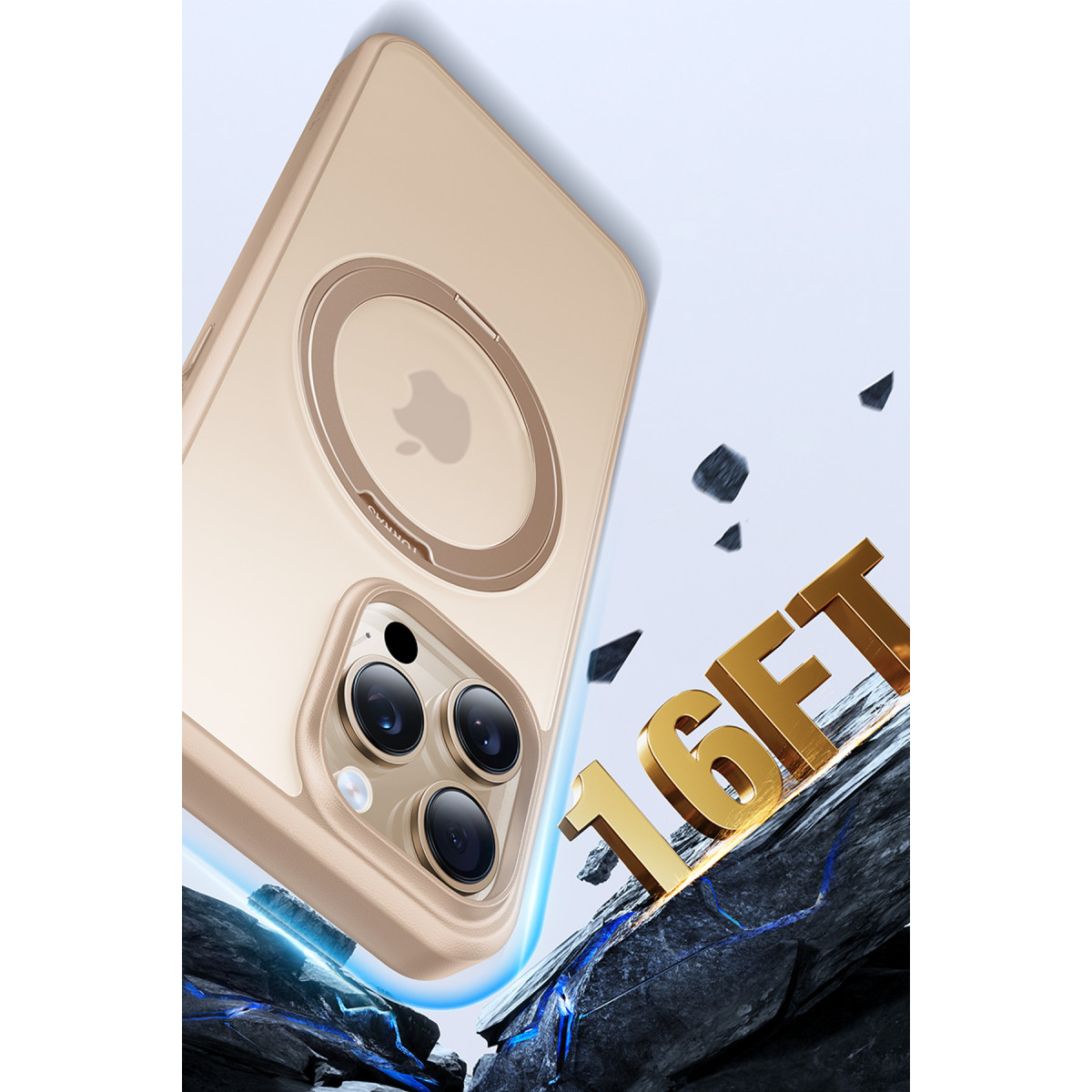 MagSafe kılıflı altın renkli iPhone, 16FT yazısı ve kayalık arazi üzerinde.