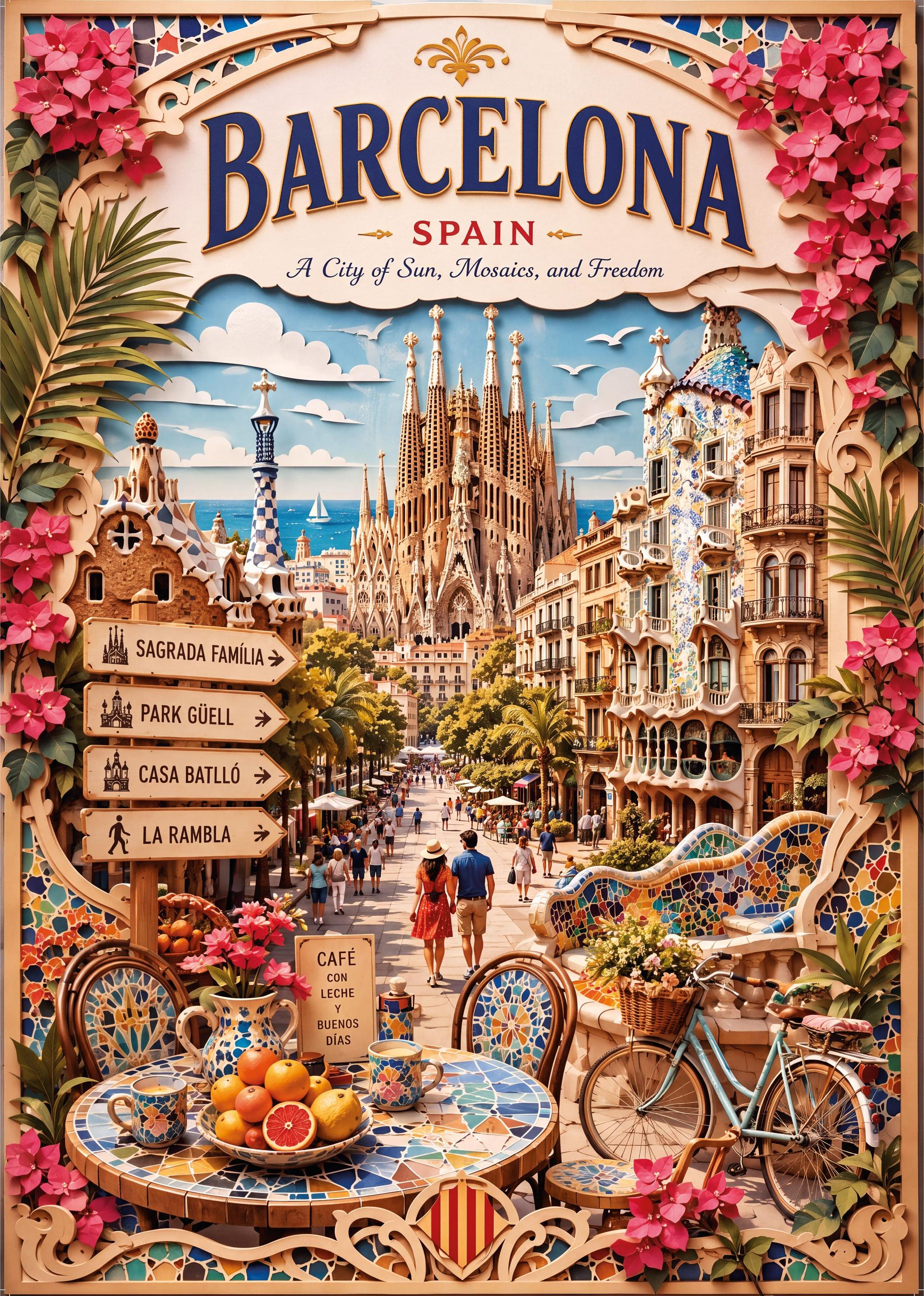 Sagrada Família, mozaik sokaklar, pembe çiçekler ve ön planda kafe masası ile Barcelona'nın katmanlı kağıt sanat afişi.