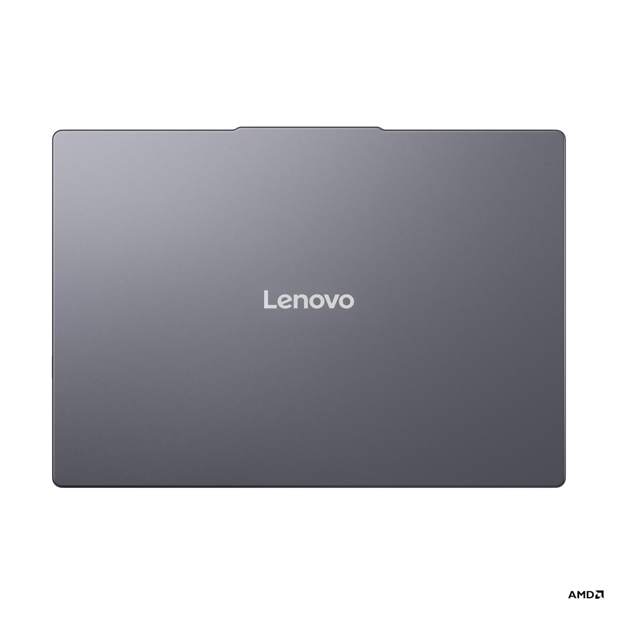 Ortasında beyaz Lenovo logosu ve sağ altta küçük bir AMD logosu bulunan gri Lenovo dizüstü bilgisayar kapağı.