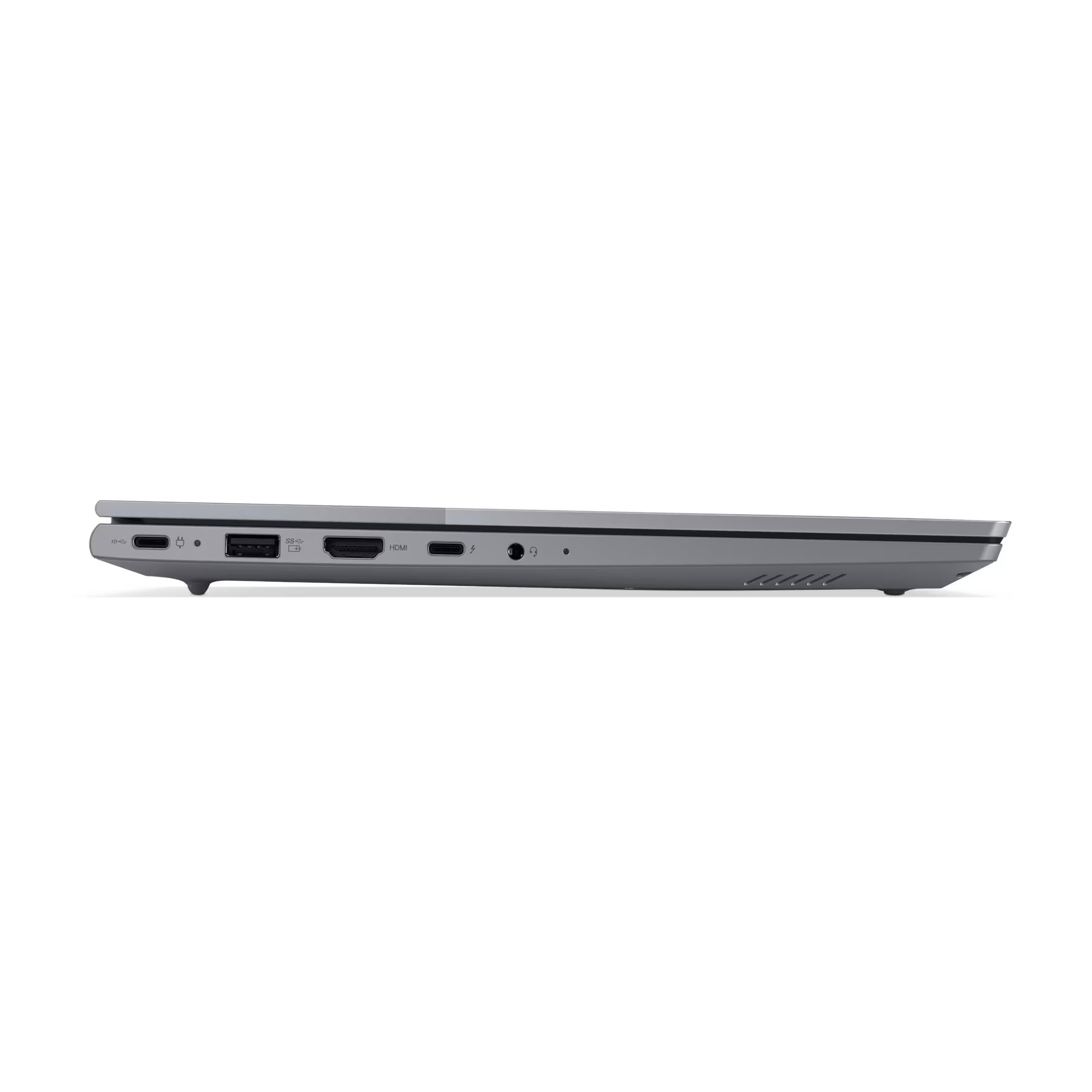 Beyaz arka planda USB-C, USB, HDMI ve ses jakı dahil çeşitli bağlantı noktalarını gösteren gri bir dizüstü bilgisayarın yandandan görünümü.