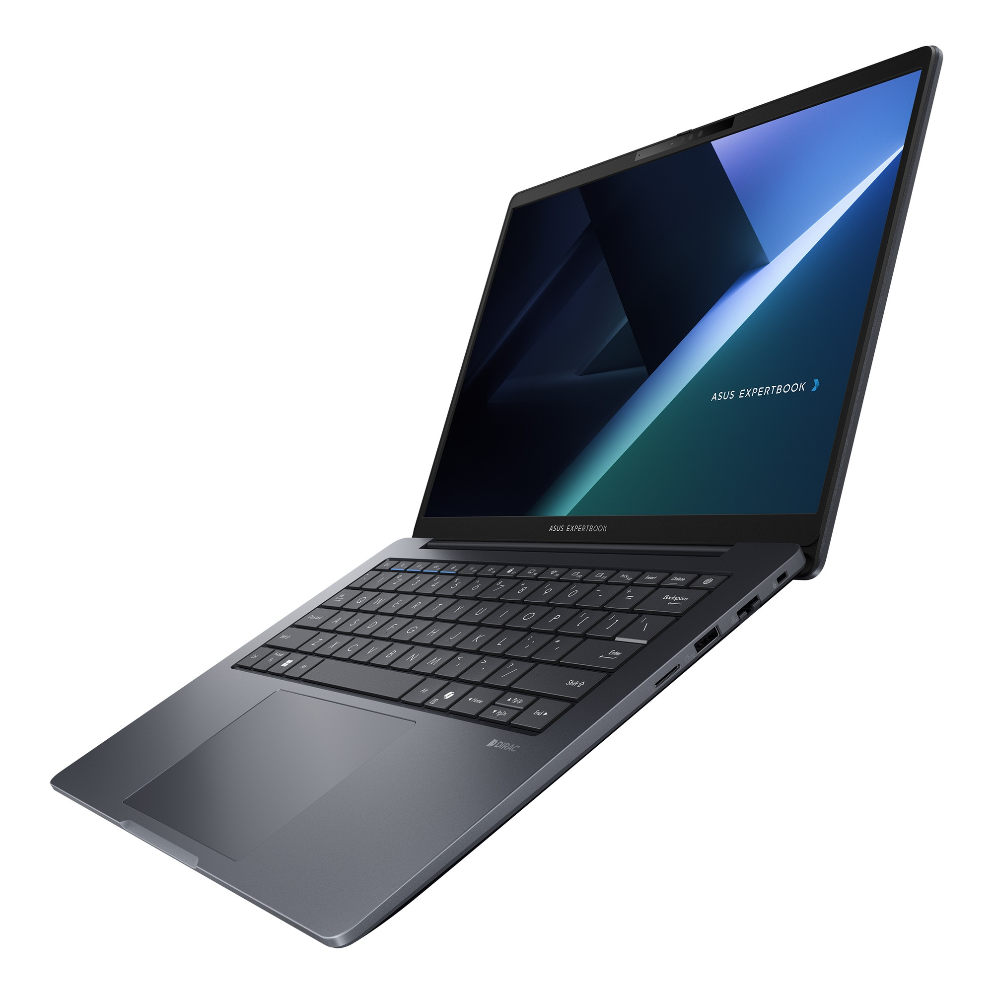 Şık, koyu gri bir Asus ExpertBook dizüstü bilgisayar, beyaz arka planda açılı bir şekilde, parlayan bir ekranla duruyor.