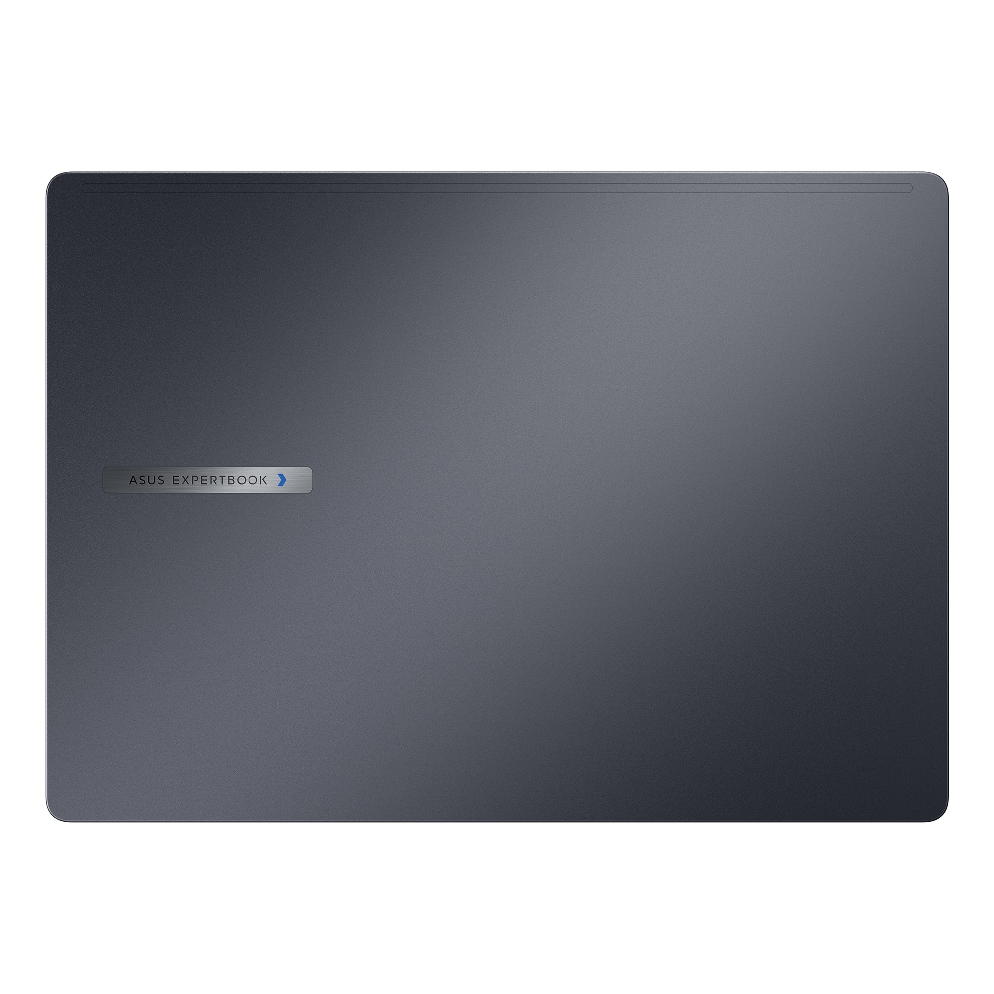 Sol tarafta metal marka rozeti bulunan kapalı koyu gri ASUS ExpertBook dizüstü bilgisayar kapağı.