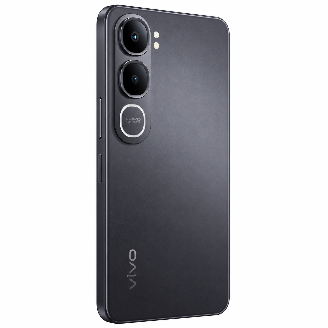 Retro di uno smartphone Vivo grigio con tre obiettivi fotografici verticali e logo Vivo in basso.