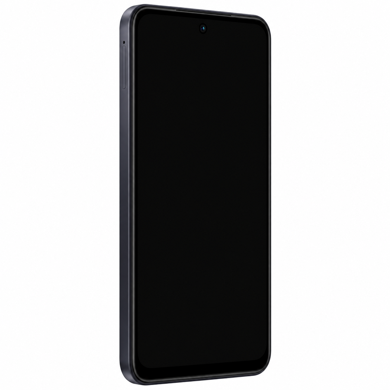 Uno smartphone nero con schermo scuro e fotocamera frontale centrata su sfondo bianco.