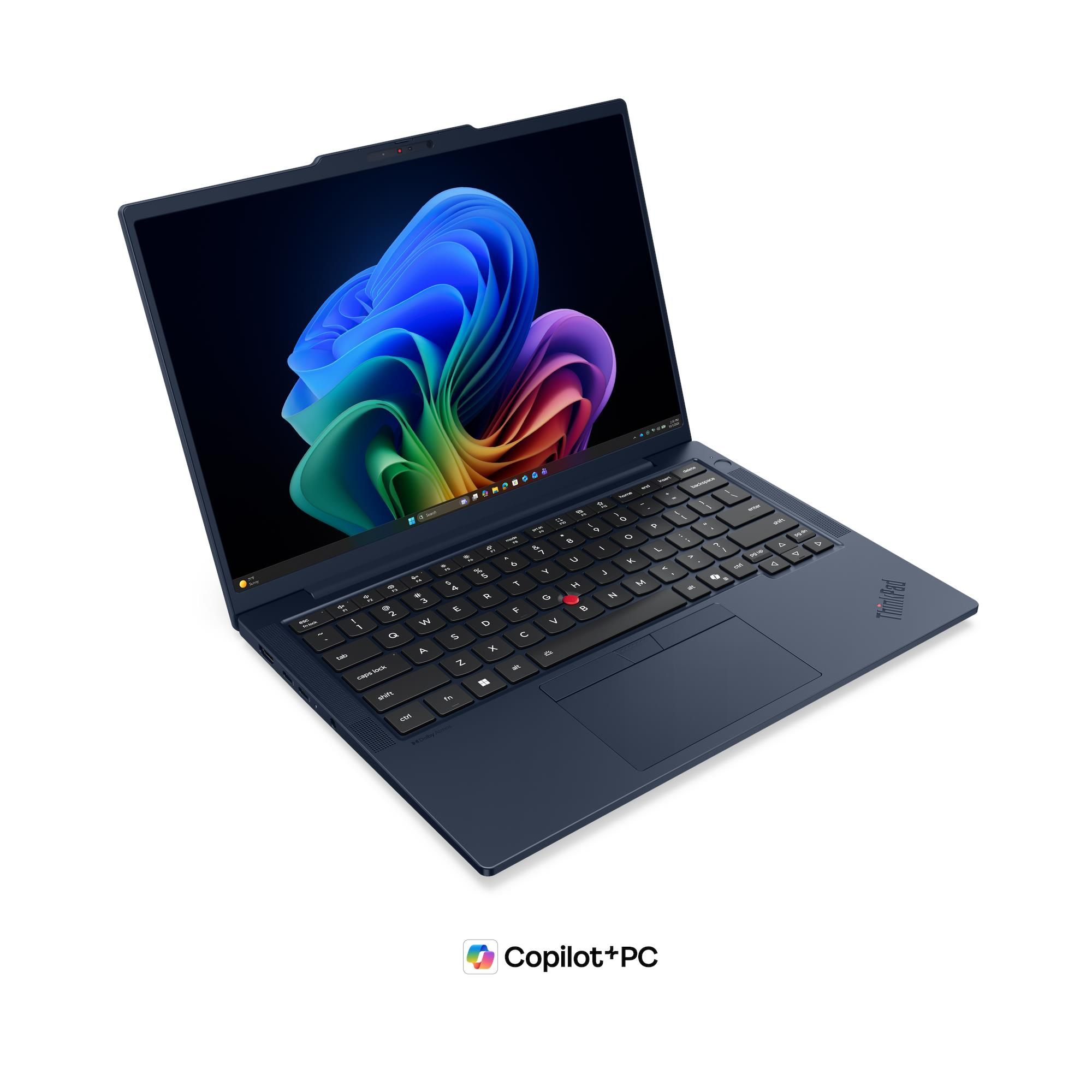 Un computer portatile blu con tastiera nera e un'immagine di sfondo astratta e colorata sullo schermo.