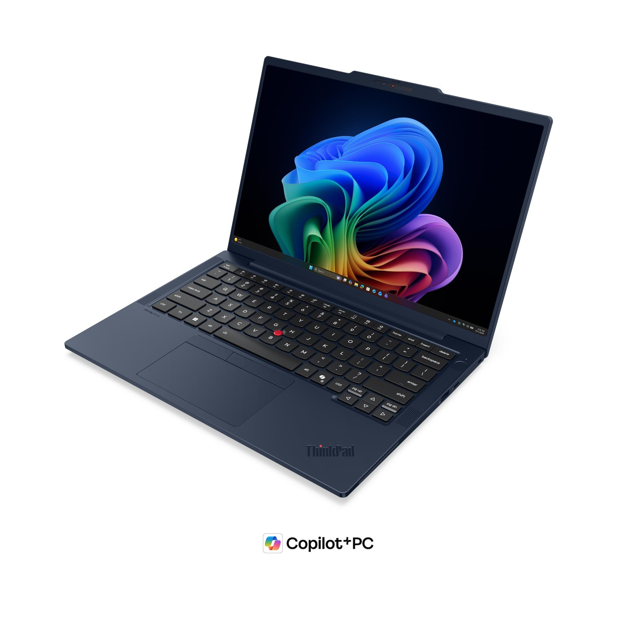 Un laptop blu con tastiera nera e uno sfondo astratto colorato sullo schermo.