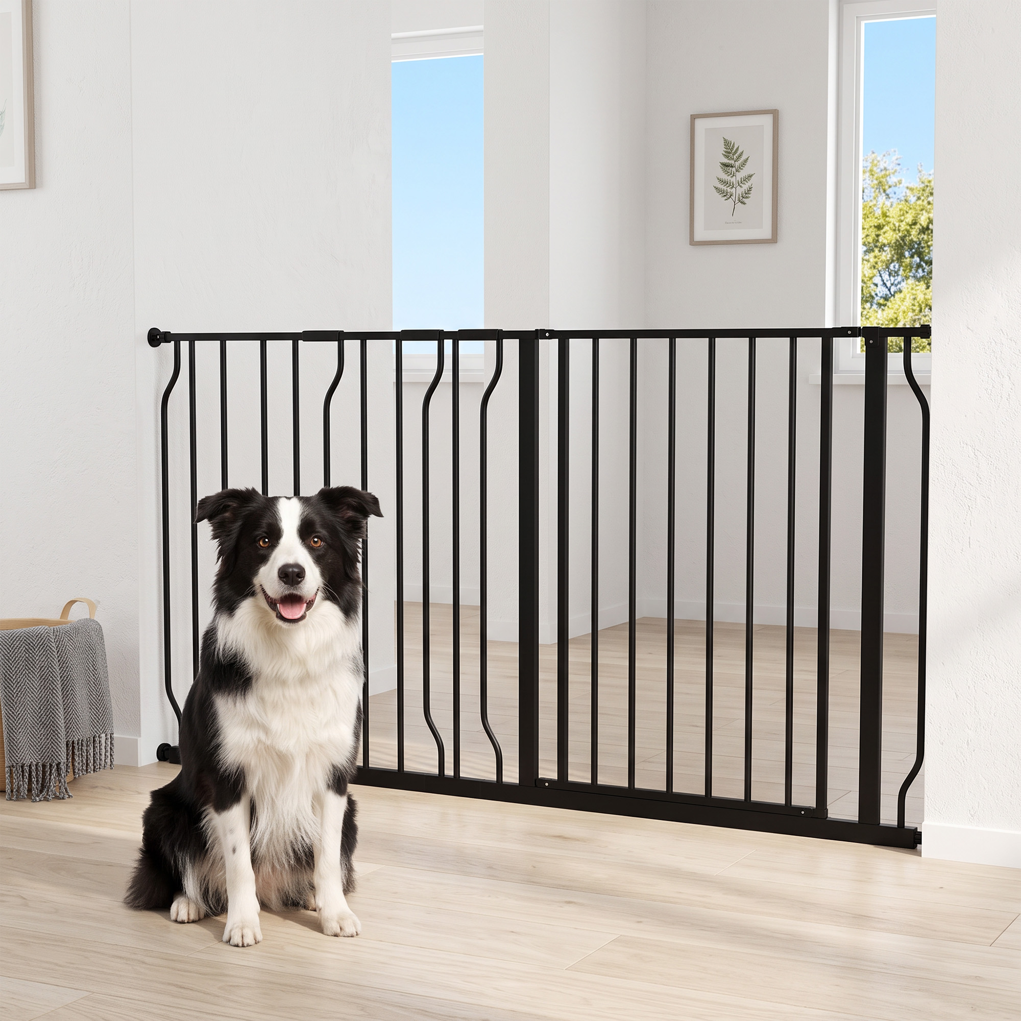 Un Border Collie blanco y negro se sienta feliz en un suelo de madera frente a una puerta de seguridad negra en una habitación luminosa.