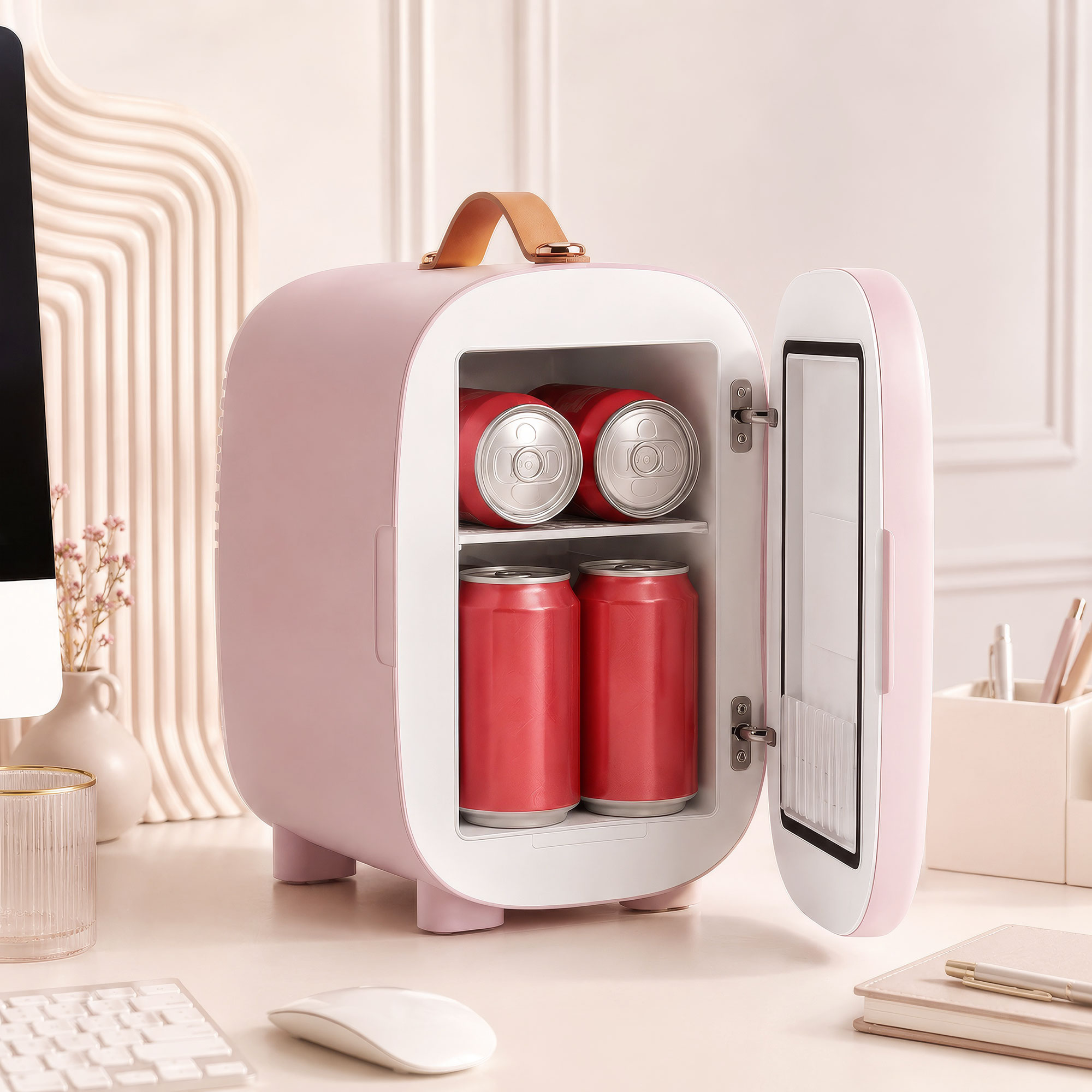 Un pequeño mini refrigerador rosa está abierto en un escritorio, lleno de latas de refresco rojas.