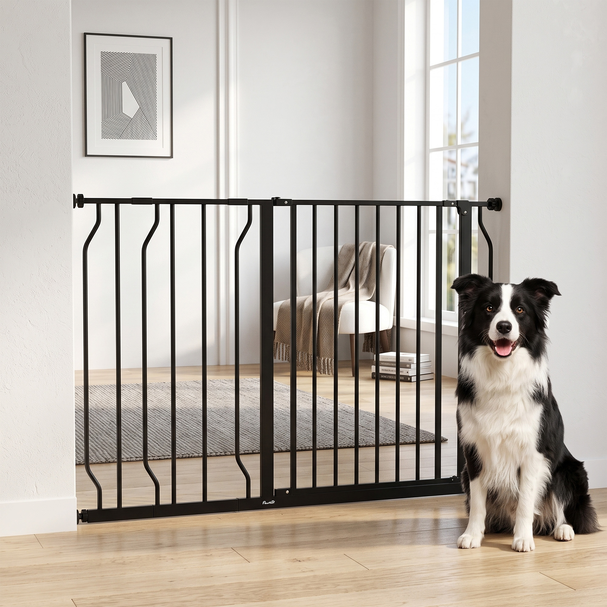 Un Border Collie blanco y negro se sienta frente a una puerta de seguridad de metal negro.