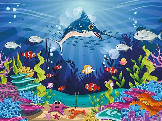 Renkli balıklar, büyük bir marlin, canlı mercanlar ve yeşil yosunların yer aldığı su altı sahnesi.