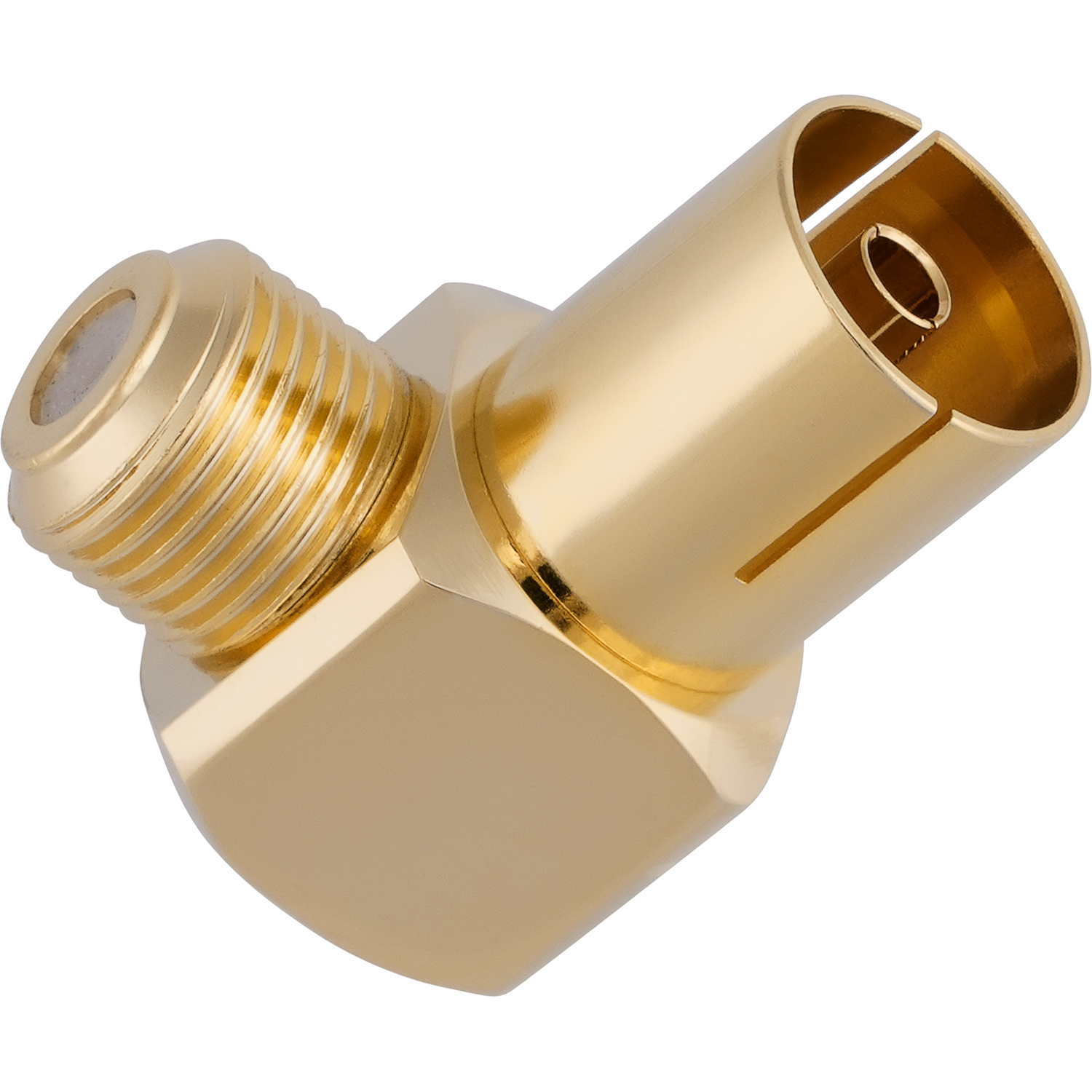 Goldfarbener Koaxial-Adapter mit Gewindeanschluss und Stecker auf schwarzem Hintergrund.