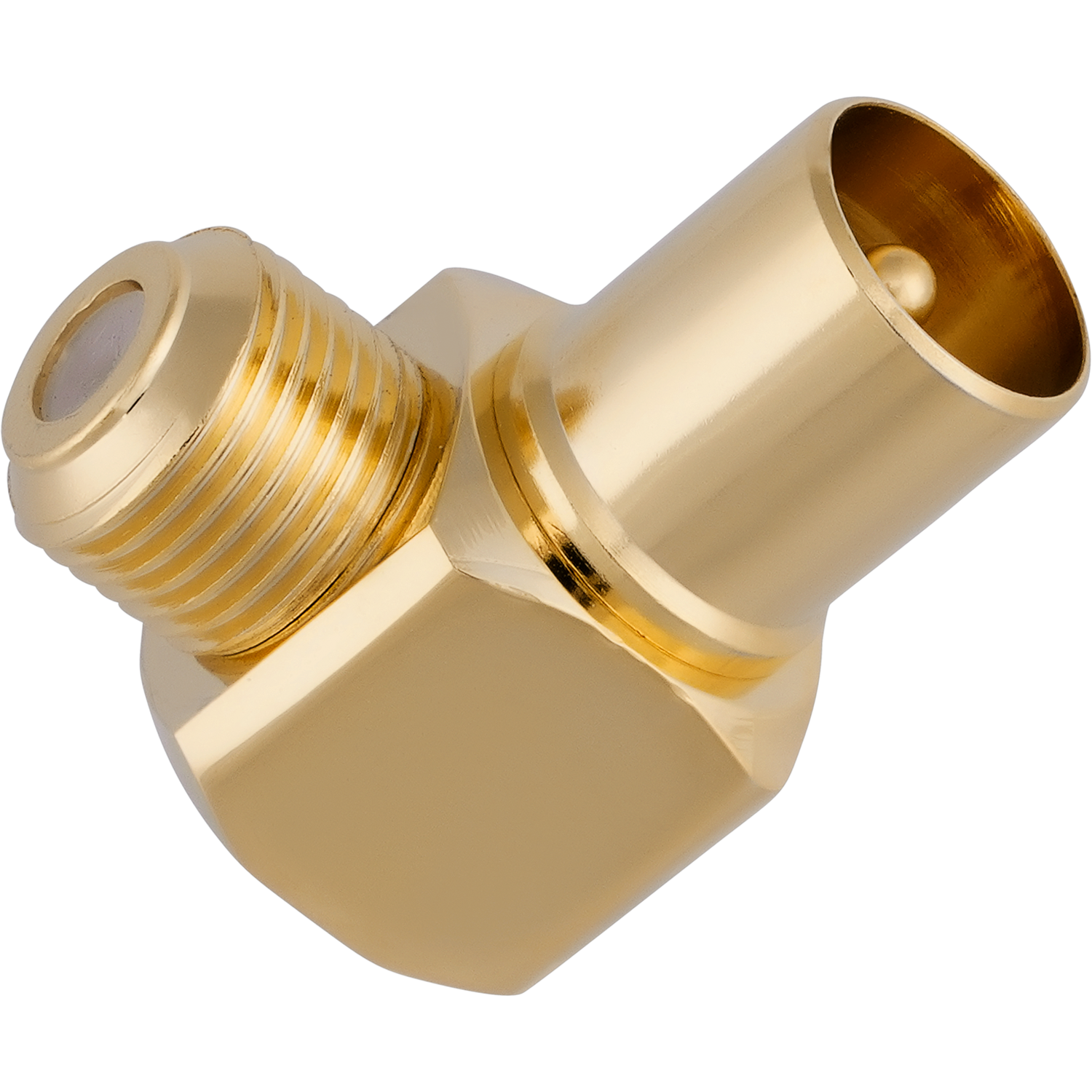 Goldfarbener Koaxialadapter mit Gewinde auf der linken und Steckverbindung auf der rechten Seite vor schwarzem Hintergrund.