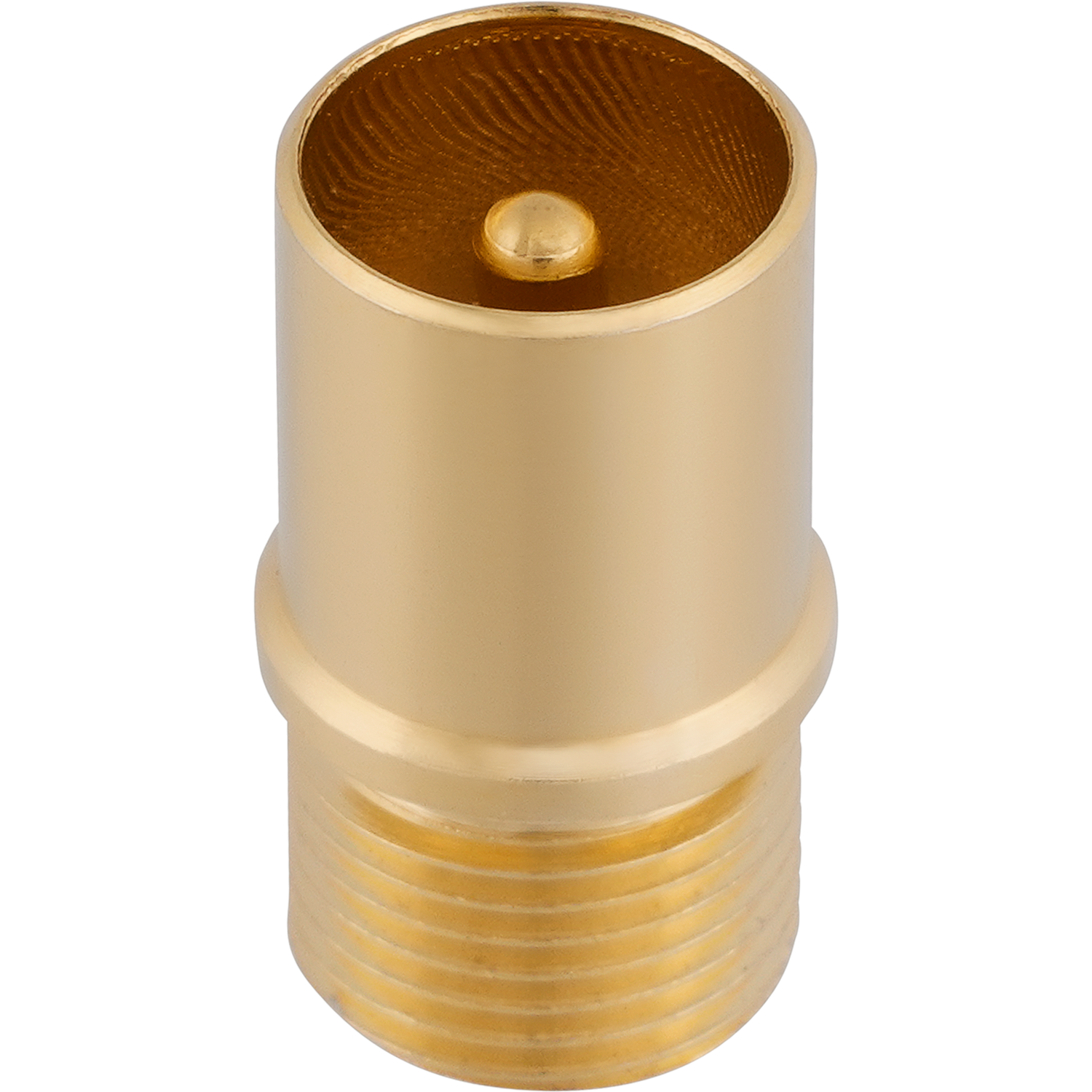 Goldfarbener, zylindrischer Koaxialadapter mit Gewinde und einem zentralen Pin auf schwarzem Hintergrund.