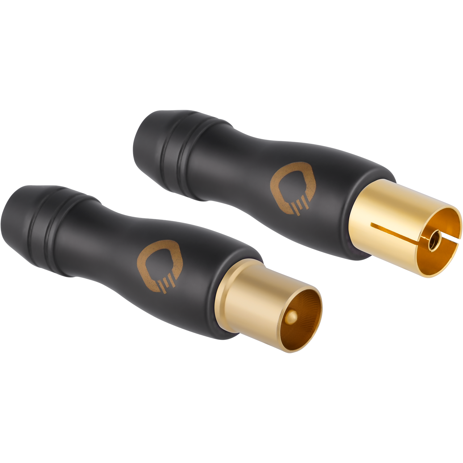 Zwei schwarze Antennenkabelstecker mit goldenen Anschlüssen und Markenlogo auf schwarzem Hintergrund.