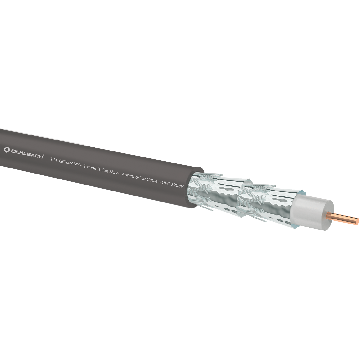 Ein abgeschnittenes Oehlbach Antennen- und Satellitenkabel zeigt die verschiedenen Schichten und den Kupferkern.