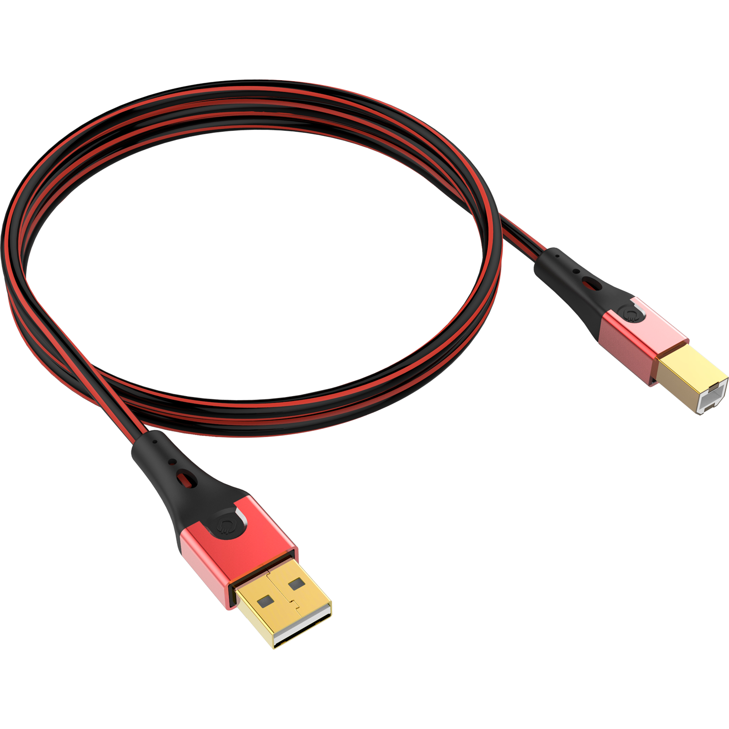Ein gewickeltes schwarzes und rotes USB-Kabel mit vergoldeten Steckern vor schwarzem Hintergrund.