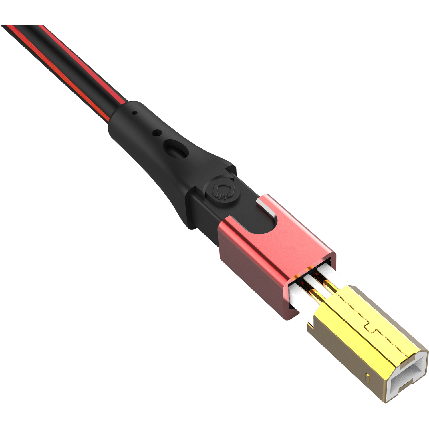 Ein schwarzes Kabel mit rotem Streifen, das zu einem rot-goldenen Stecker führt, isoliert auf schwarzem Grund.