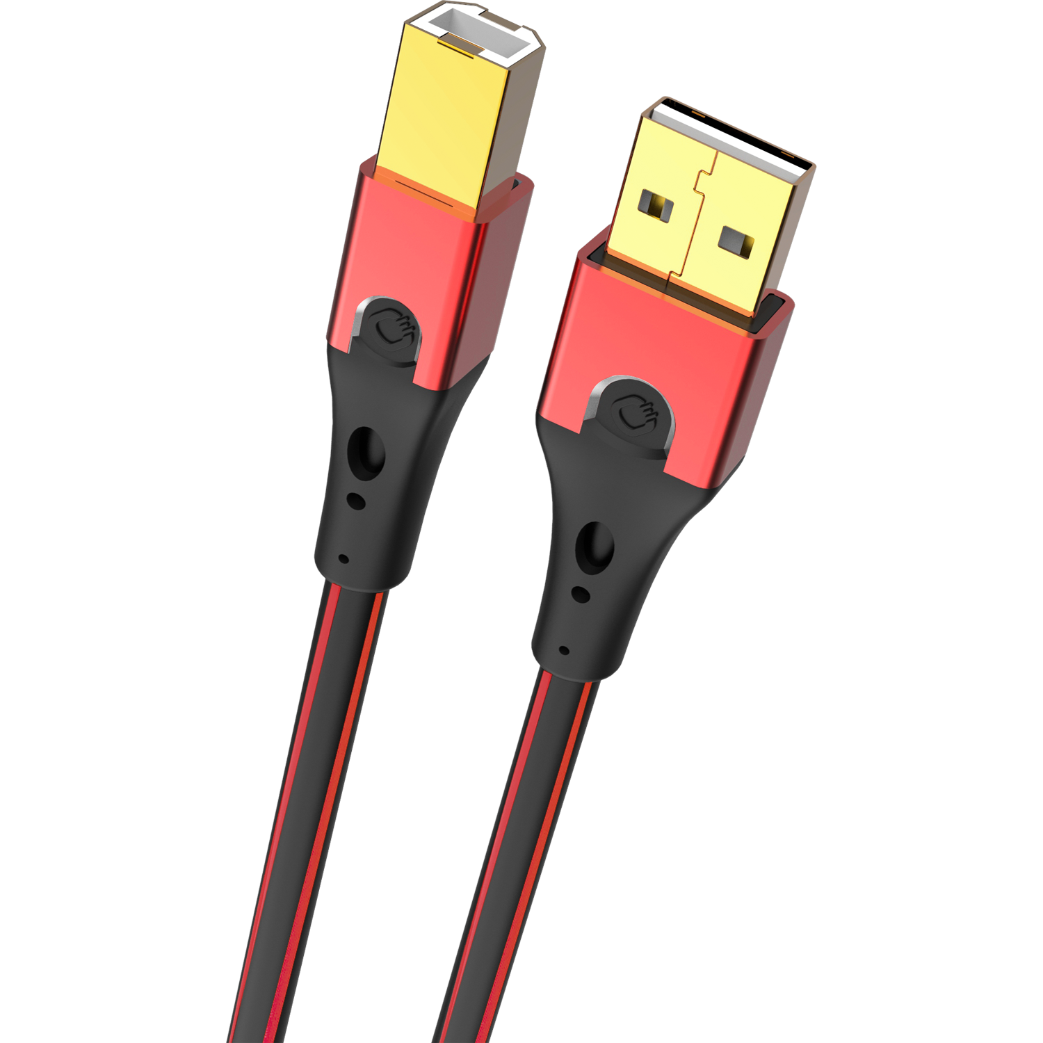 Zwei USB-Kabel mit goldfarbenen Anschlüssen und rot-schwarzen Gehäusen auf schwarzem Hintergrund.
