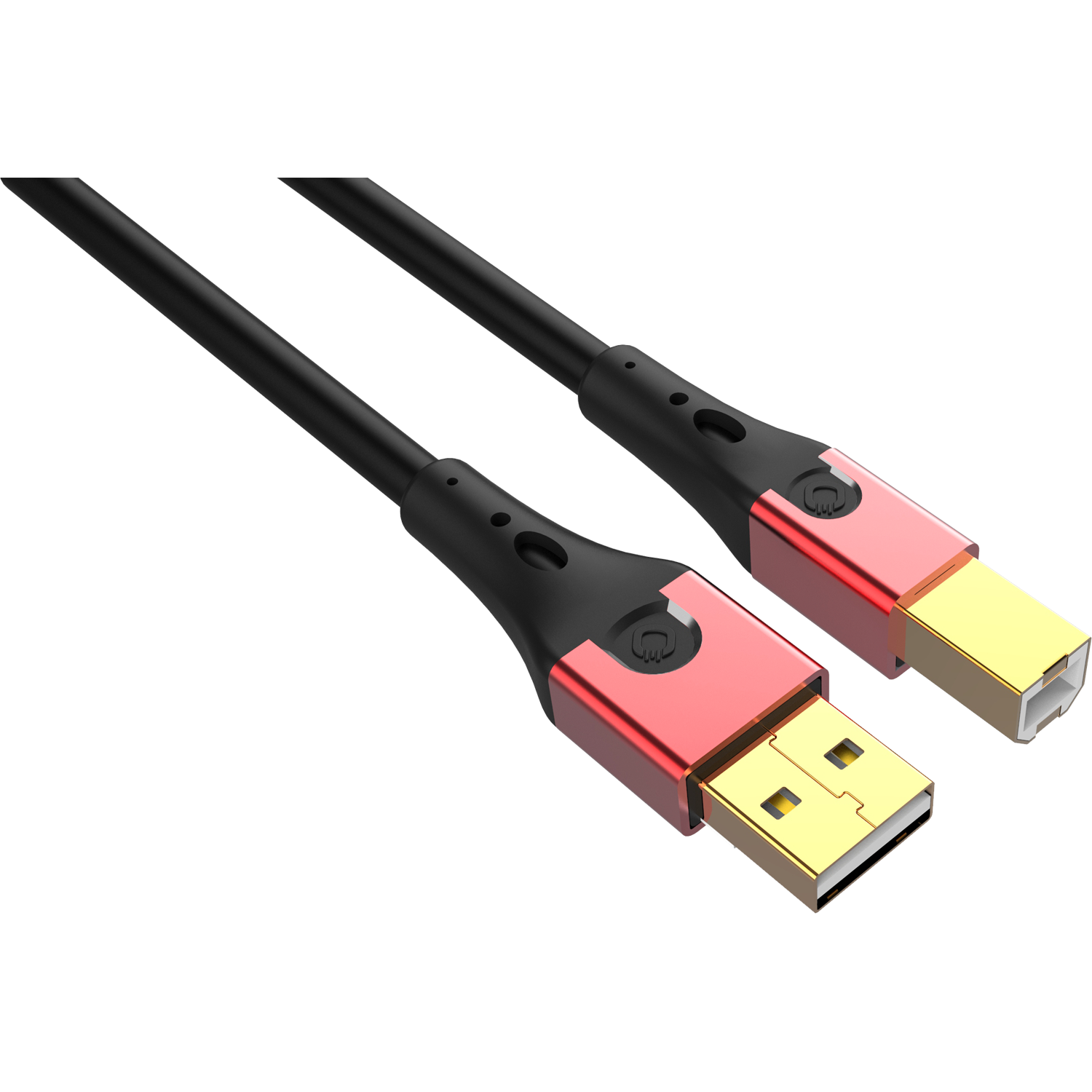 Zwei schwarze Kabel mit roten Akzenten und goldenen USB-Anschlüssen vor schwarzem Hintergrund.