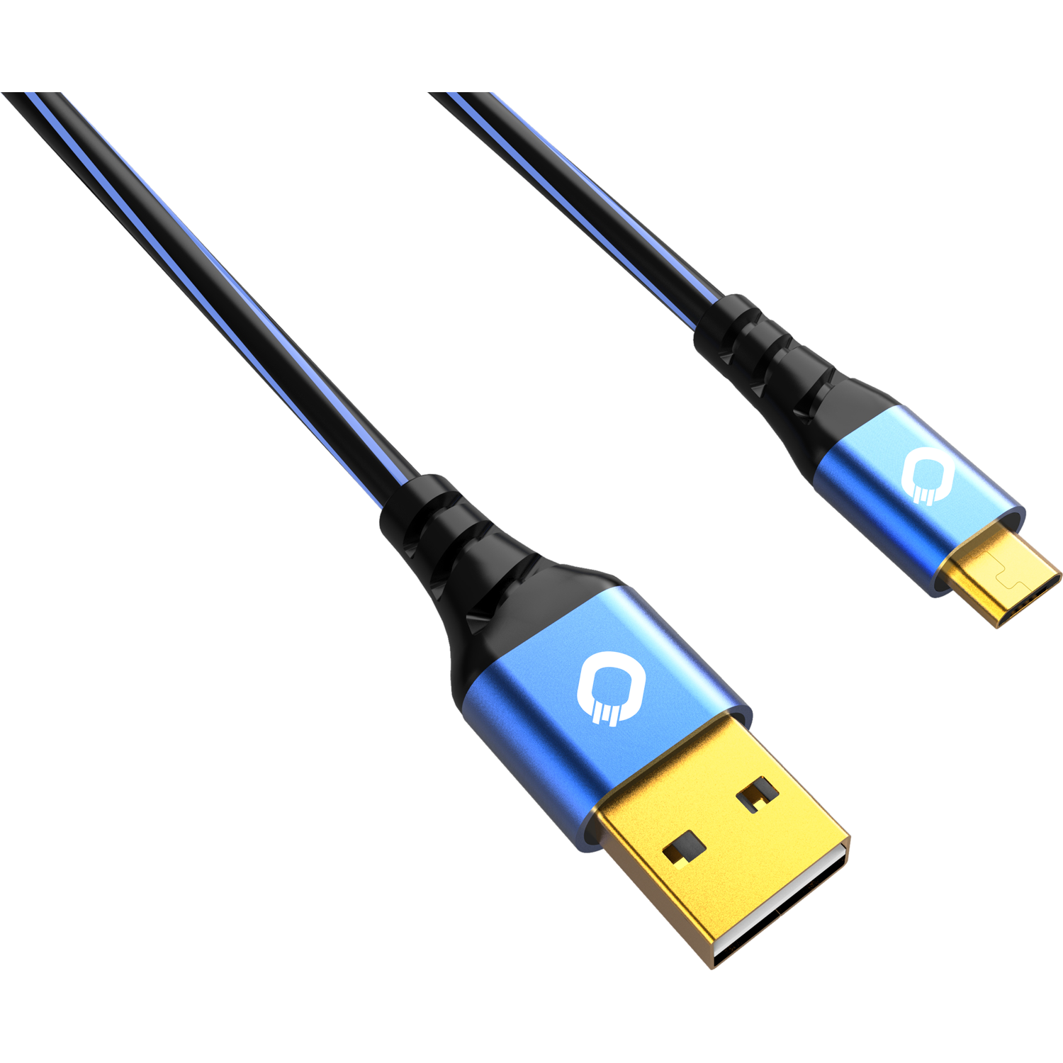 Ein schwarzes USB-Kabel mit blauen Akzenten und goldenen Steckern auf schwarzem Hintergrund.