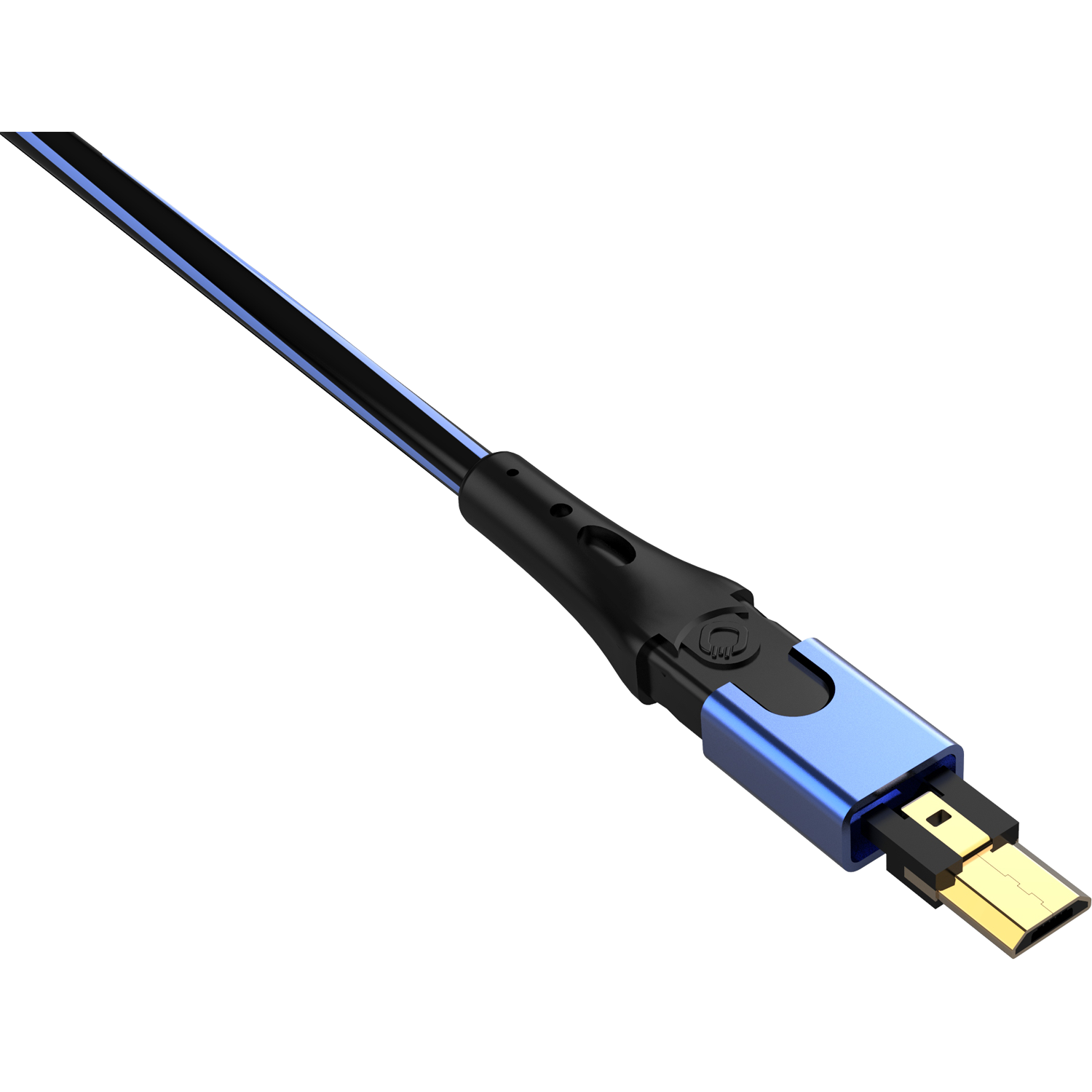 Nahaufnahme eines schwarzen Kabels mit blau-goldenen USB-Anschluss vor schwarzem Hintergrund.