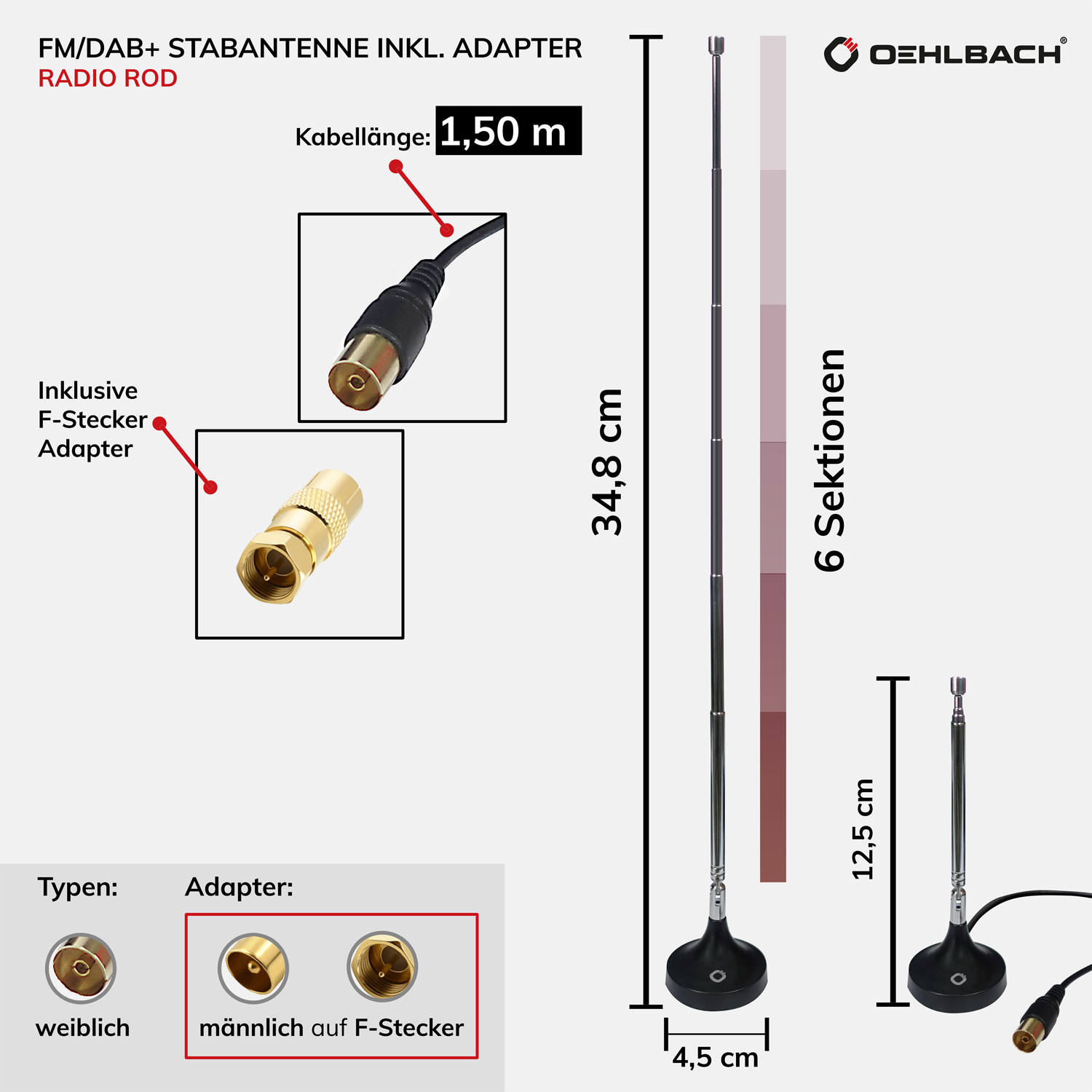 Disegno tecnico di un'antenna a stelo Oehlbach FM/DAB+ con dimensioni, cavo e adattatore per connettore F.