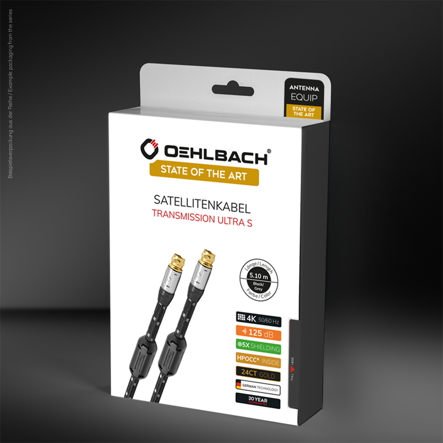 Oehlbach Satellitenkabel Verpackung mit Produktbild, schwarz-graues Design, 5,10m Länge und technischen Details.