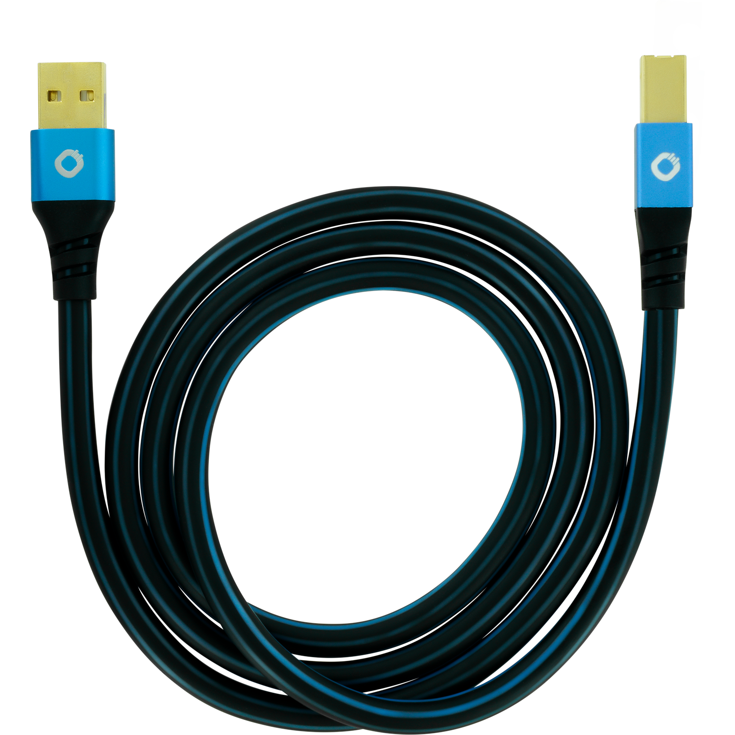 Ein aufgerolltes blau-schwarzes USB-Kabel mit goldenen Anschlüssen auf schwarzem Hintergrund.