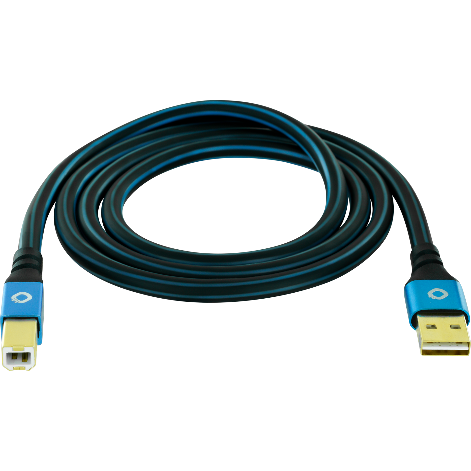 Ein aufgerolltes blau-schwarzes USB-Kabel mit goldenen Steckern vor schwarzem Hintergrund.