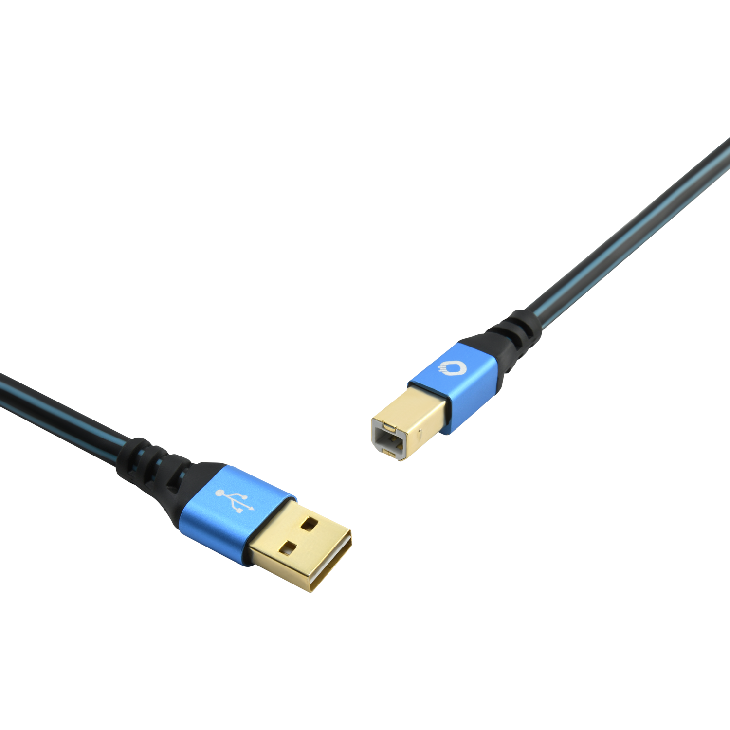 Ein USB-A- und ein USB-B-Kabel mit blauen Steckern und goldfarbenen Kontakten vor schwarzem Hintergrund.