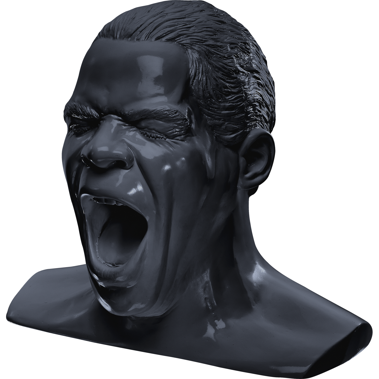 Scultura grigio scuro lucida della testa e delle spalle di una persona, che mostra un'espressione intensa con la bocca aperta.