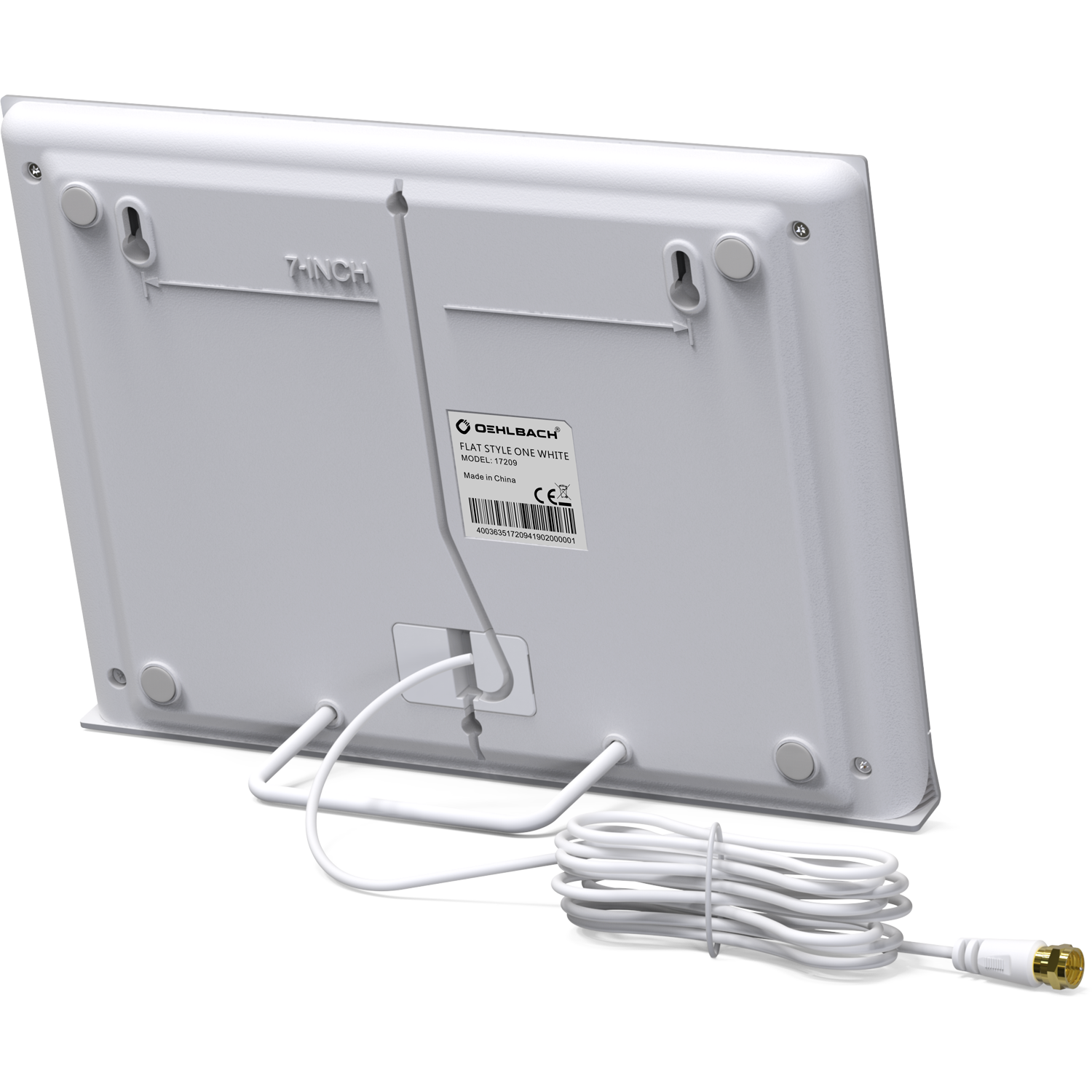 Rückansicht einer weißen Oehlbach Flat Style One Antenne auf einem Ständer mit Kabel und Stecker.