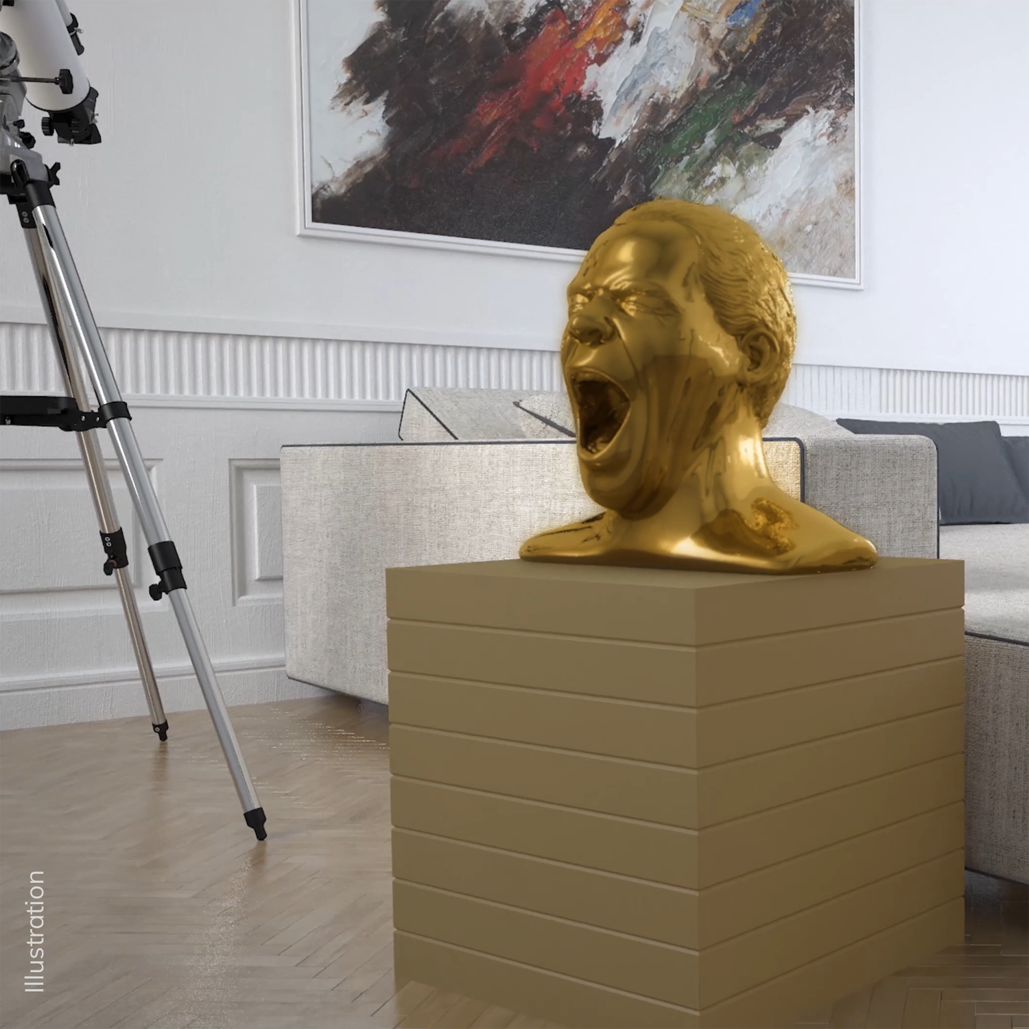Eine goldene Büste einer schreienden Person auf einem Sockel, mit Teleskop und Sofa.