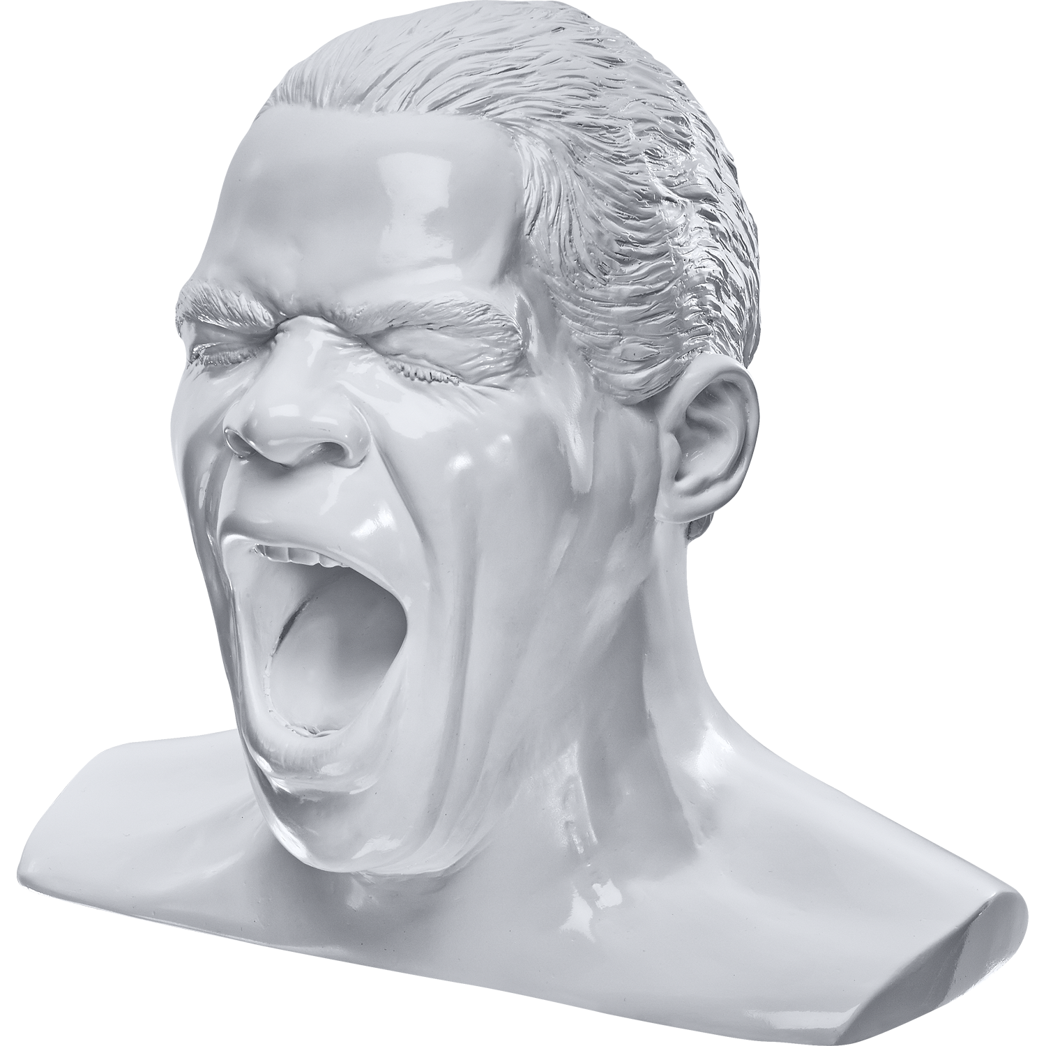 Busto bianco lucido di un uomo con la bocca spalancata e gli occhi chiusi, su sfondo nero.