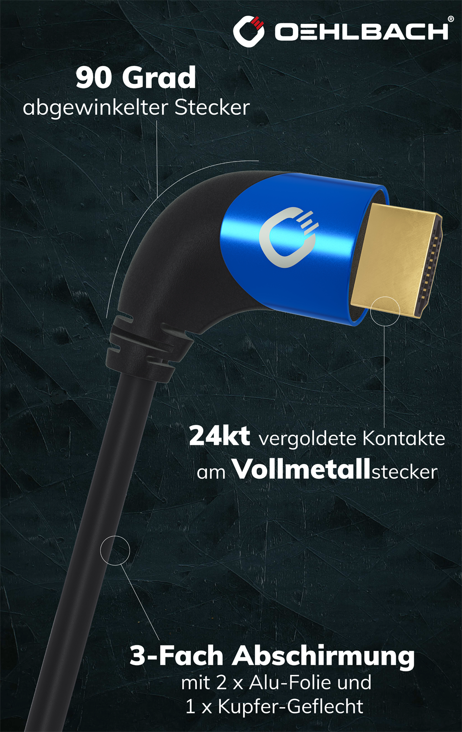 Ein 90 Grad abgewinkelter Oehlbach HDMI-Stecker mit vergoldeten Kontakten.