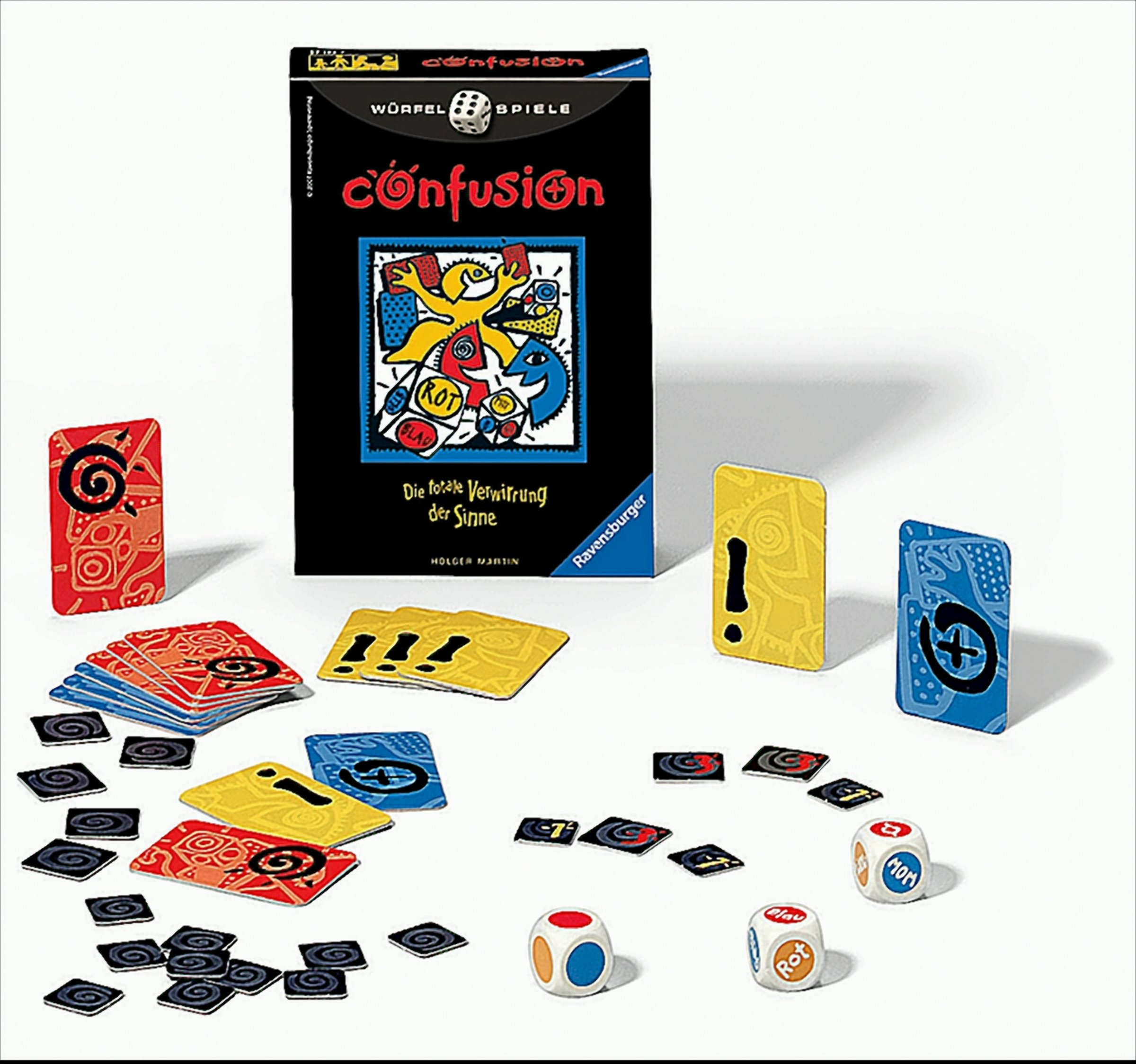 Das Brettspiel cOnFusion zeigt bunte Karten, kleine Plättchen und drei weiße Würfel auf weißem Hintergrund.