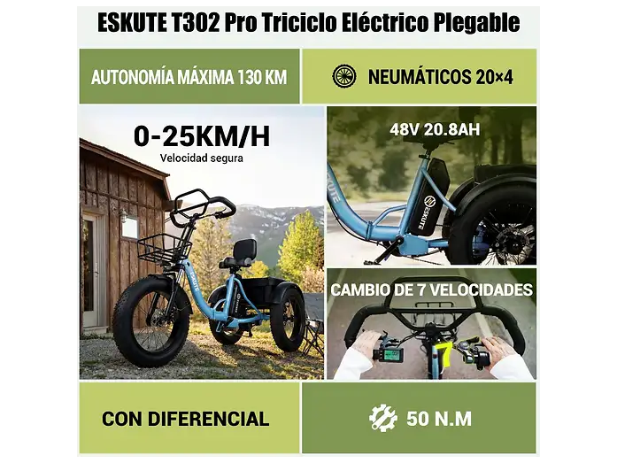 Triciclo eléctrico Eskute T302 Pro con detalles técnicos y diseño azul.