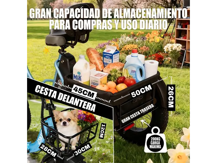 Un triciclo eléctrico con comestibles y un perro pequeño en una cesta delantera al aire libre.