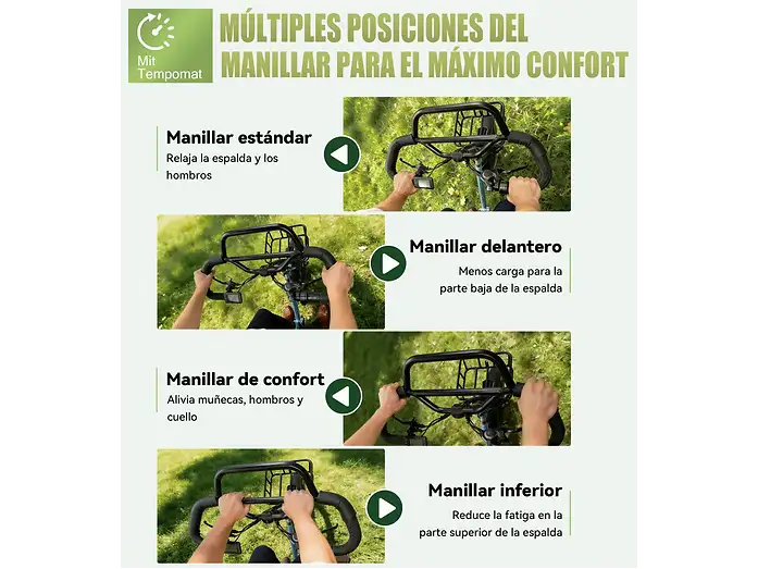 Imagen informativa que muestra cuatro posiciones diferentes de manillar de bicicleta para mayor comodidad.