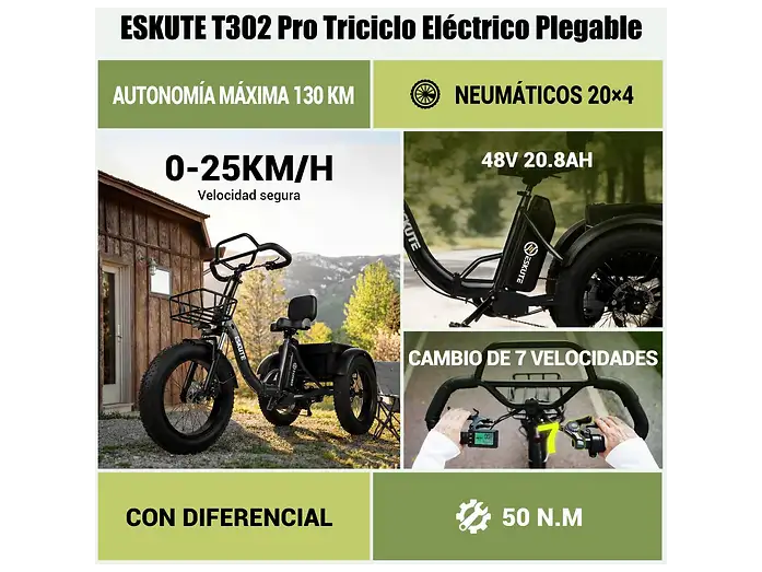 Triciclo eléctrico plegable ESKUTE T302 Pro con 130 km de autonomía, neumáticos de 20 pulgadas, batería de 48V y 7 velocidades.