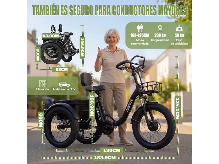 Mujer mayor de pie junto a un triciclo eléctrico con gráficos de dimensiones.