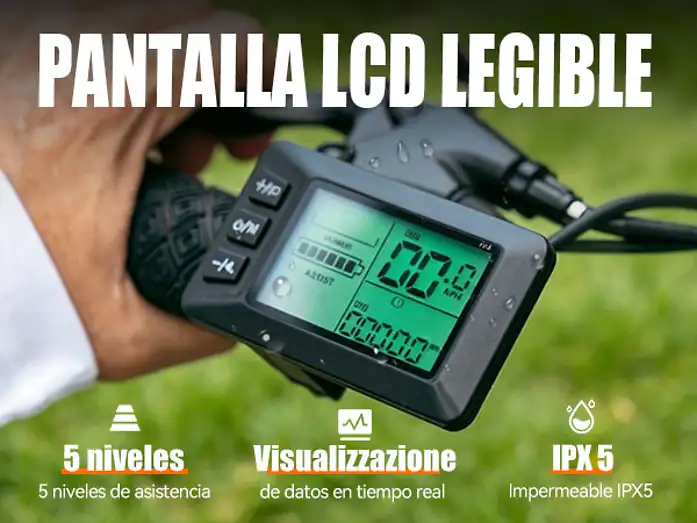 Manillar de bicicleta eléctrica con pantalla LCD verde y texto sobre niveles de asistencia e IPX5.
