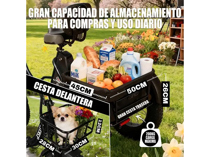 Triciclo eléctrico con gran cesta llena de comestibles y un chihuahua en la cesta delantera.