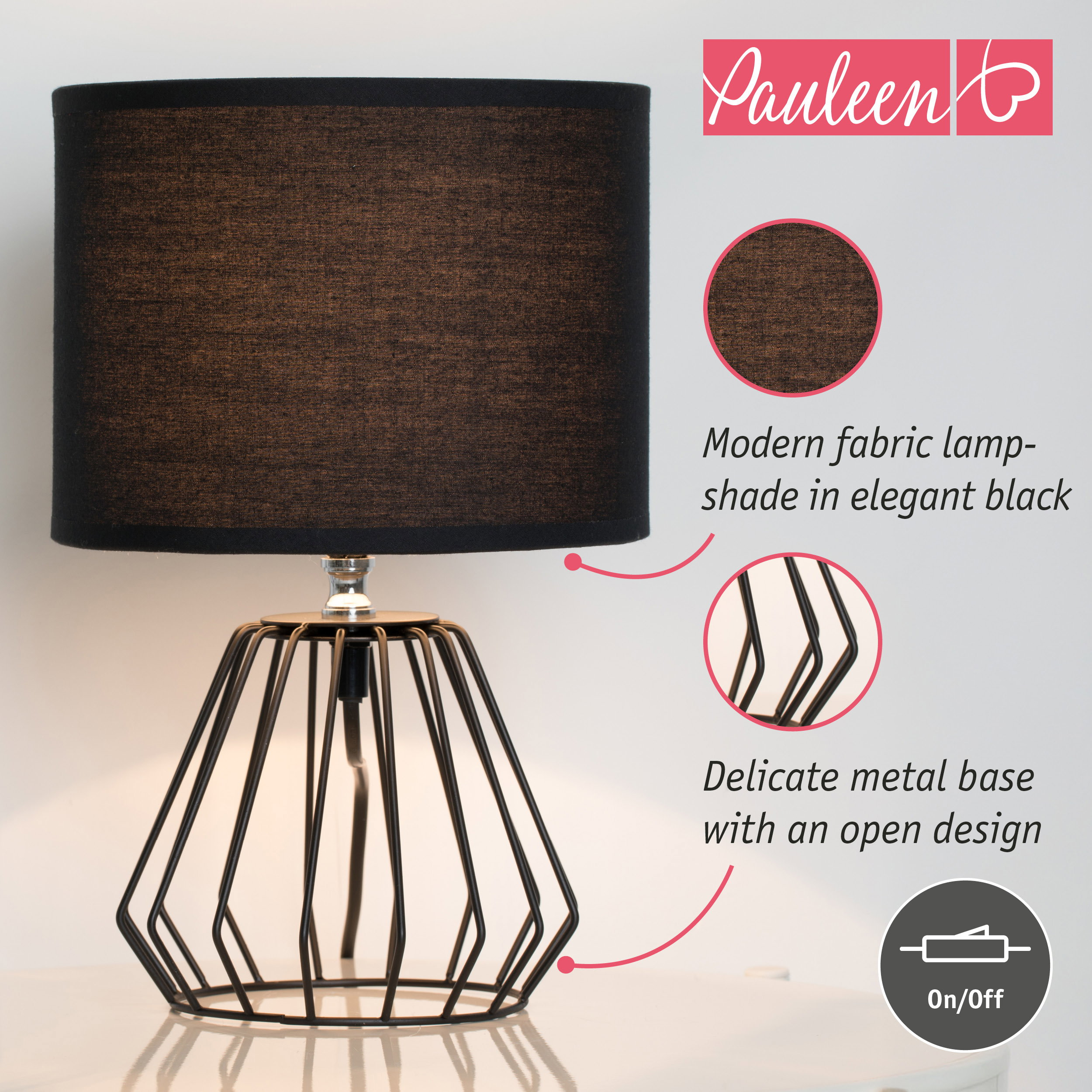 Moderne Tischlampe mit schwarzem Stoffschirm und filigranem Metallgestell, mit Detailaufnahmen.