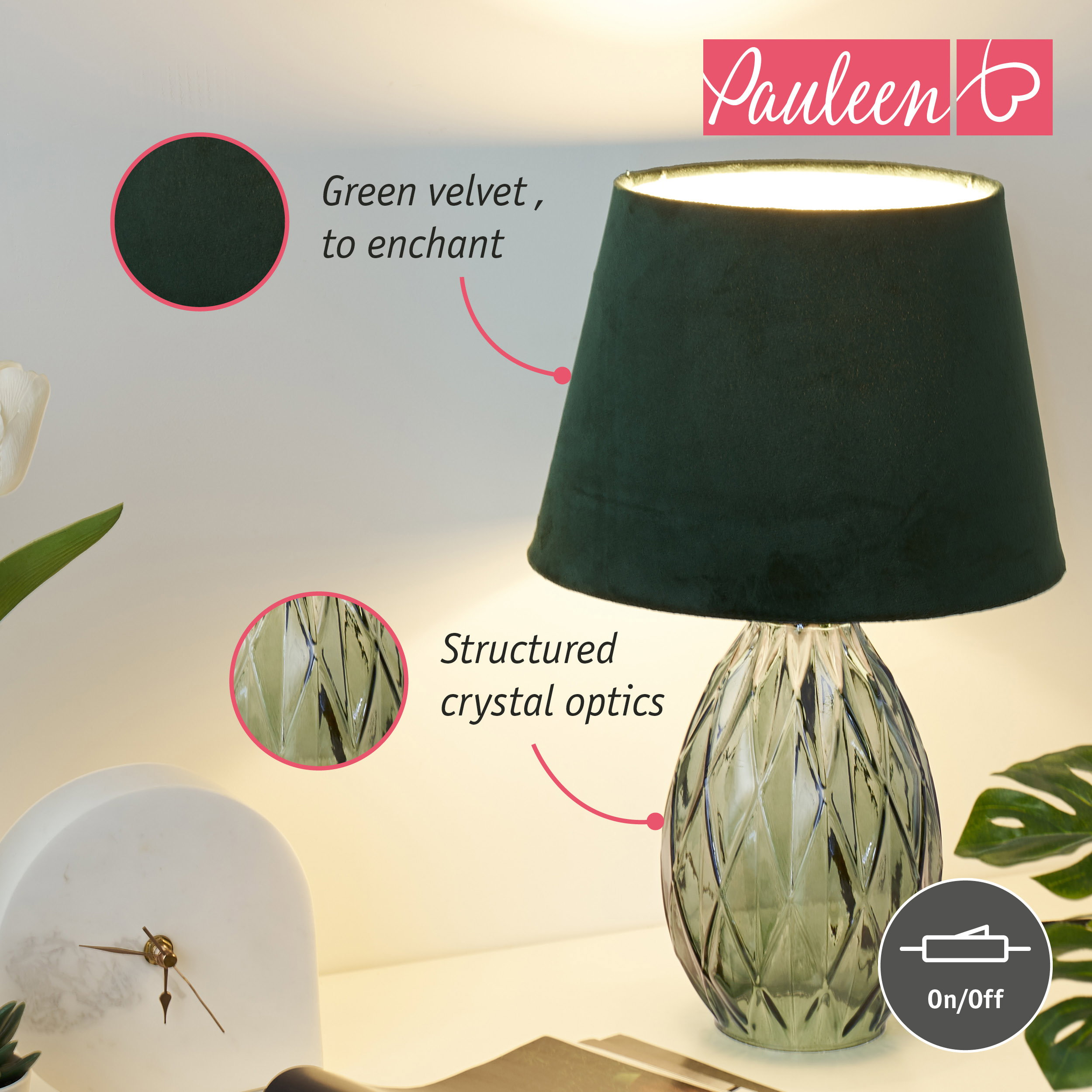 Eine grüne Samtlampe mit strukturiertem Kristallfuß und Textblasen.
