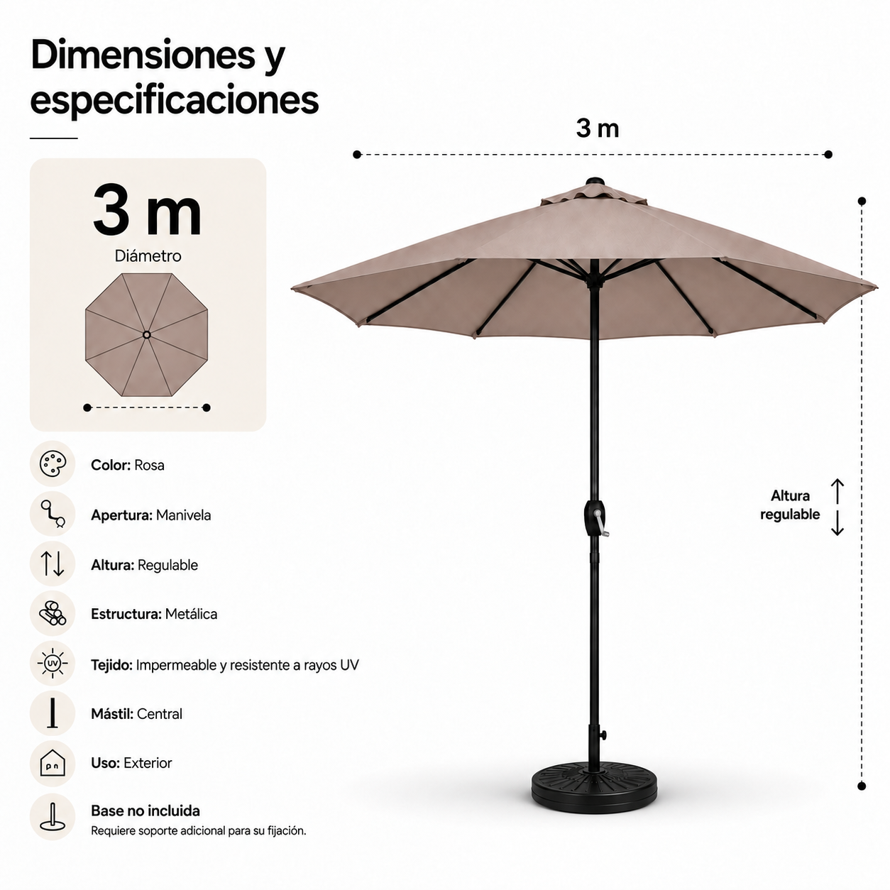 Dibujo técnico y vista de una sombrilla de jardín rosa de 3m con estructura metálica.